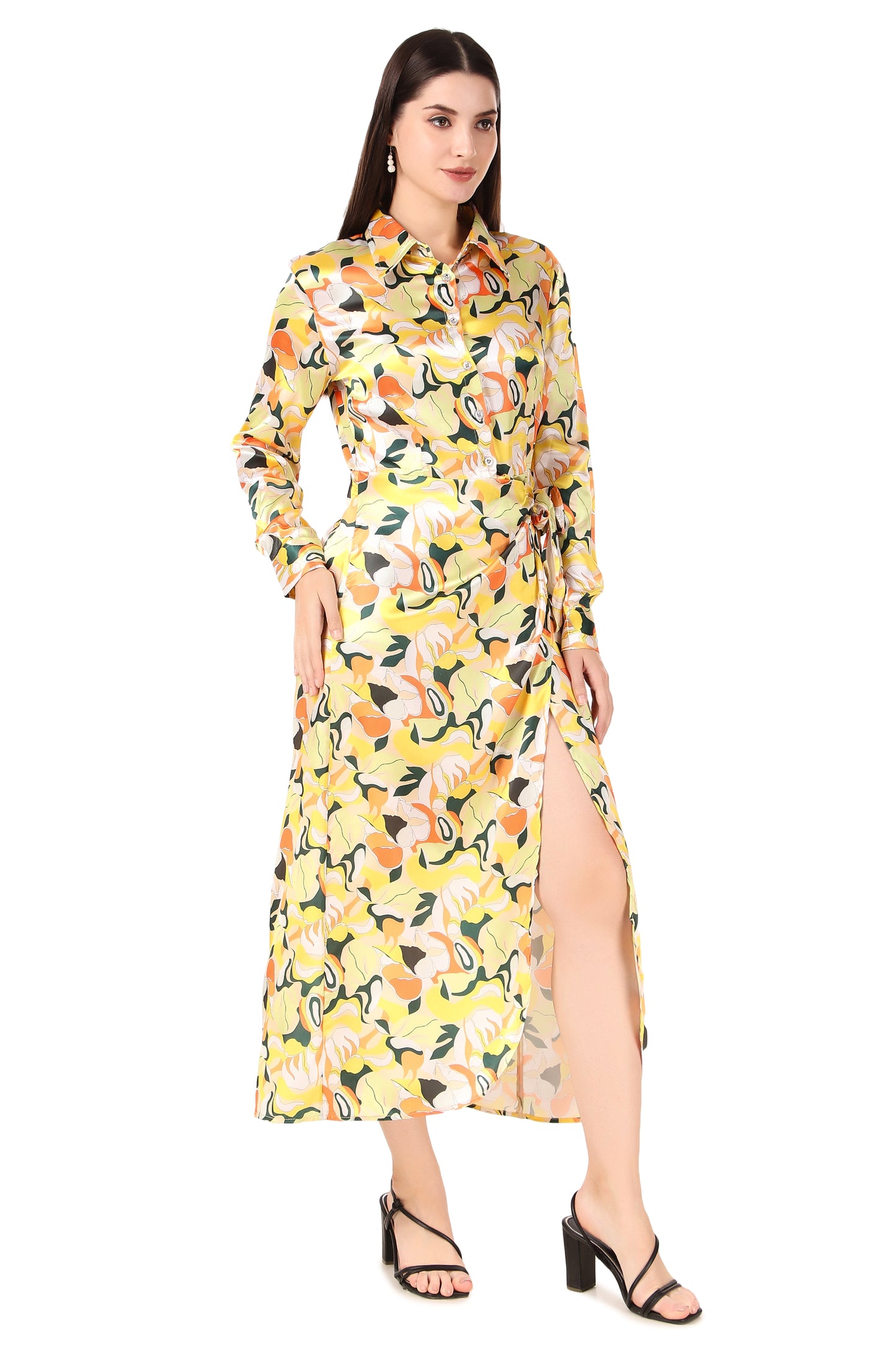 BoheeWohee Soft Satin Shirt Midi Dress - Printed Yellow