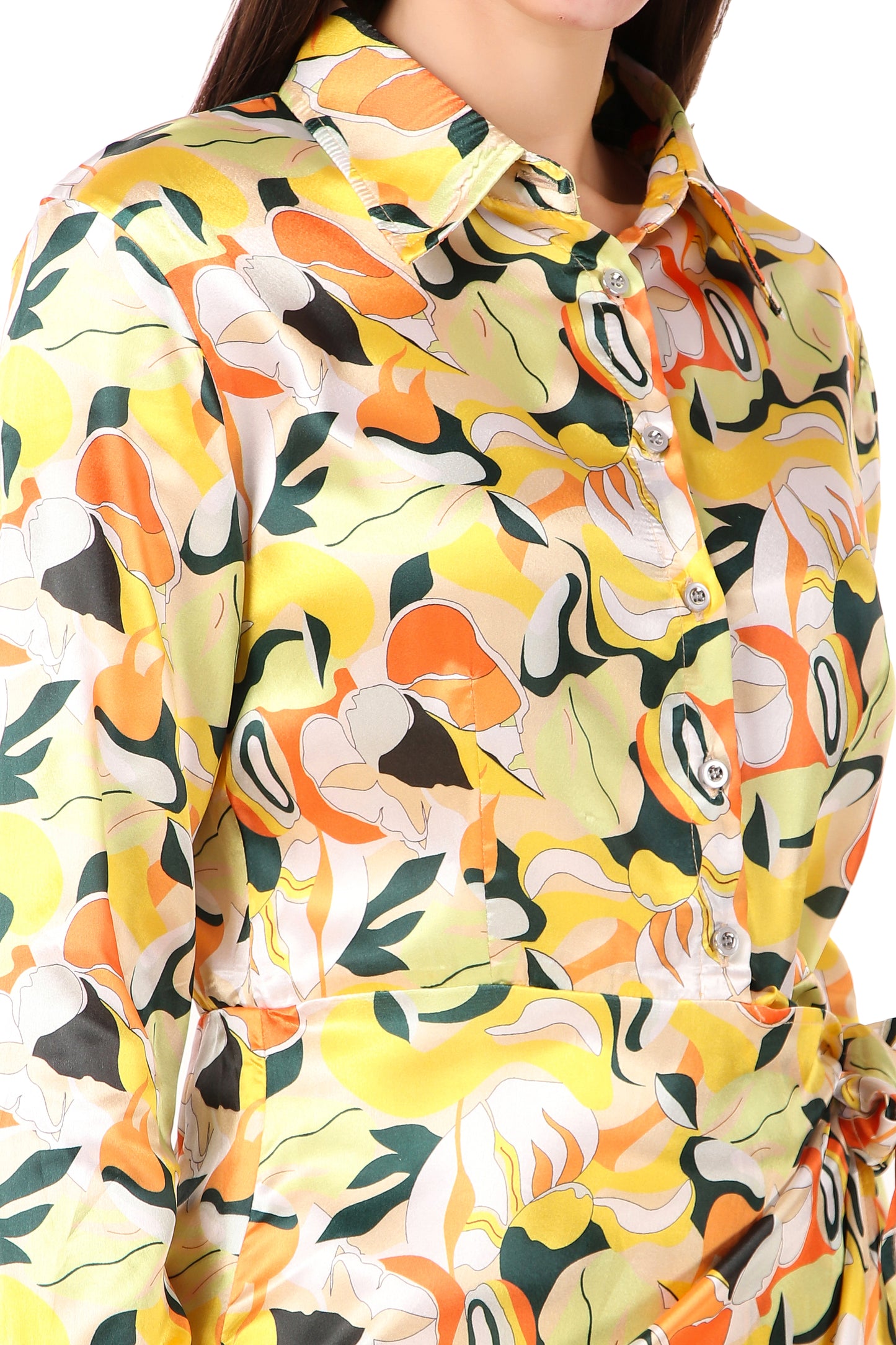 BoheeWohee Soft Satin Shirt Midi Dress - Printed Yellow