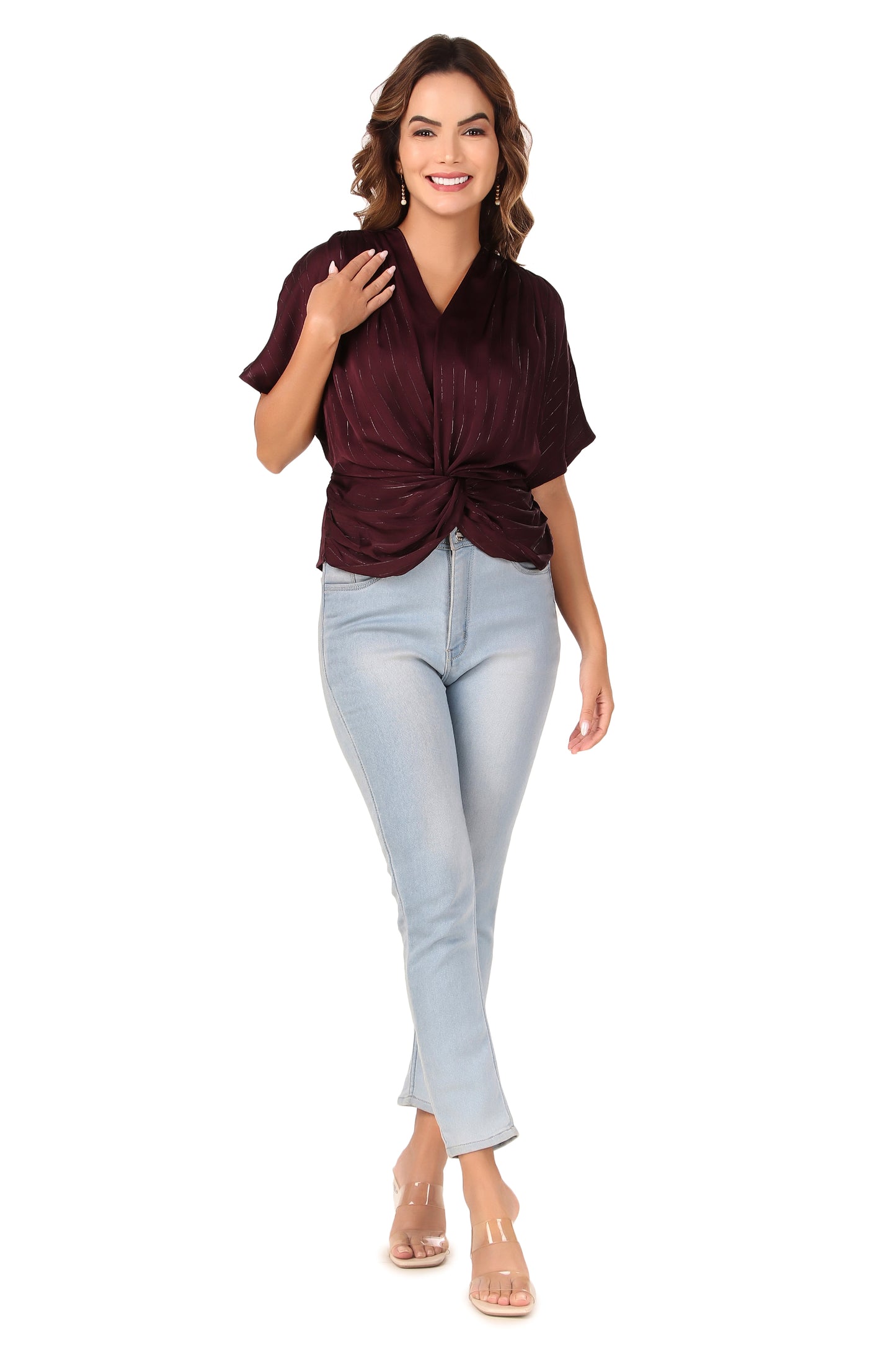 Chiffon Western Modern Fashion Front Knot Top - Brown