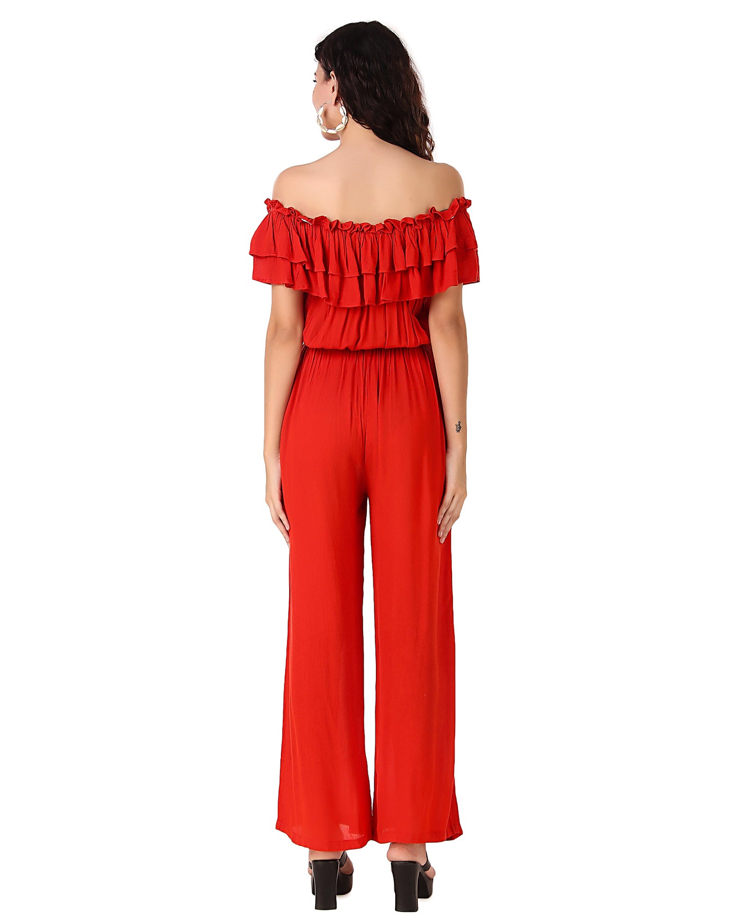 BoheeWohee Women's Off-Shoulder Jumpsuit with Double Frills and Pockets- Red