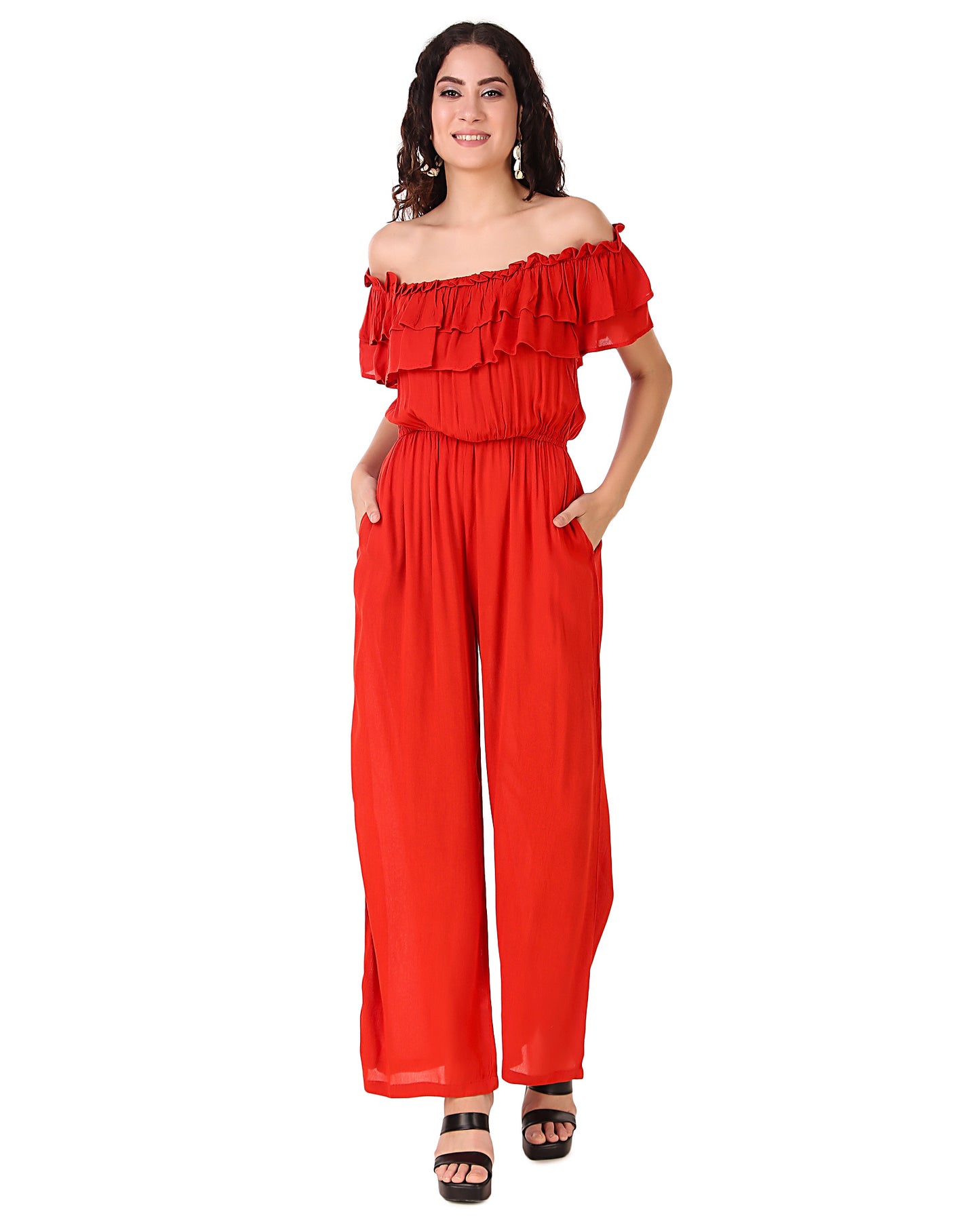 BoheeWohee Women's Off-Shoulder Jumpsuit with Double Frills and Pockets- Red