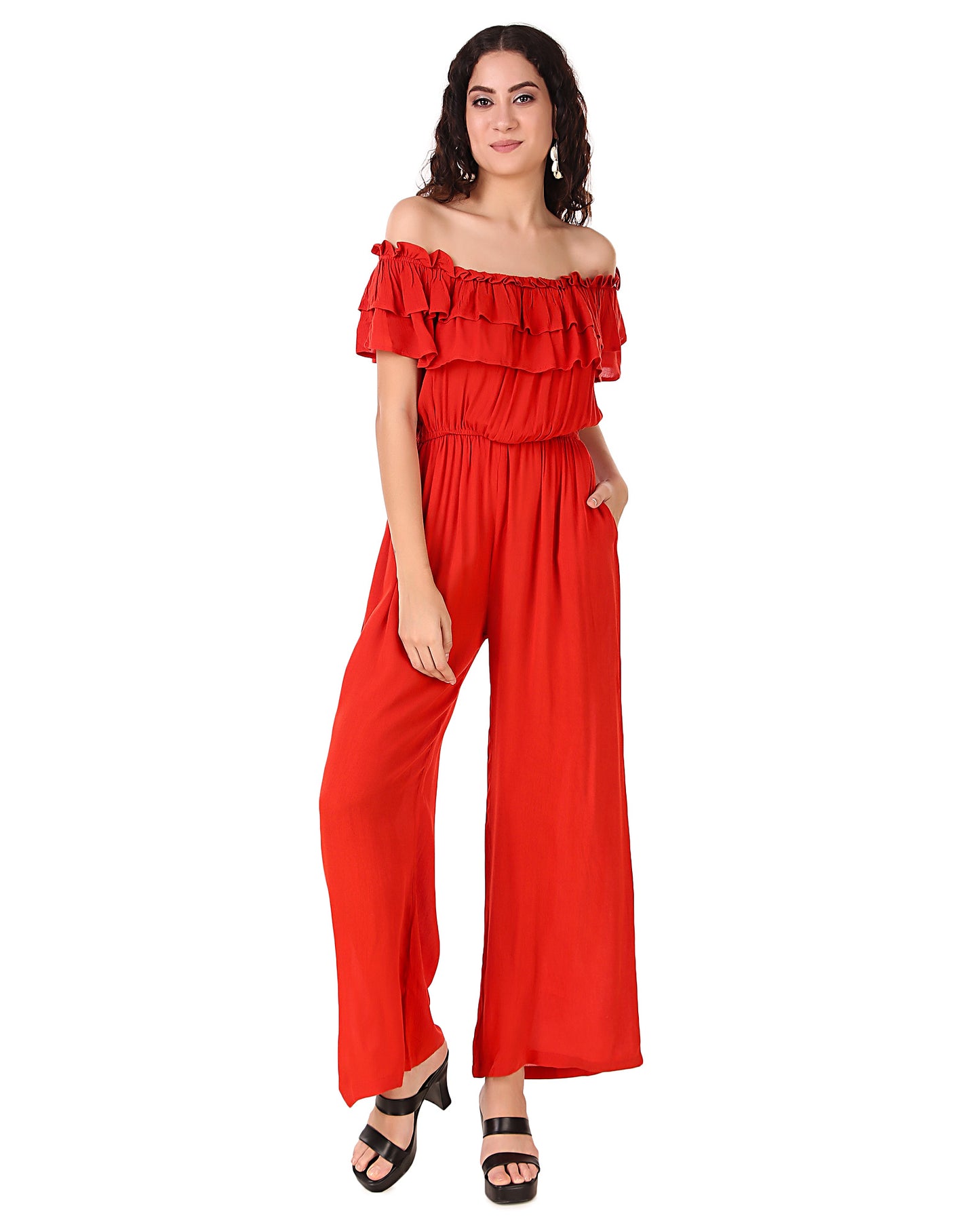BoheeWohee Women's Off-Shoulder Jumpsuit with Double Frills and Pockets- Red