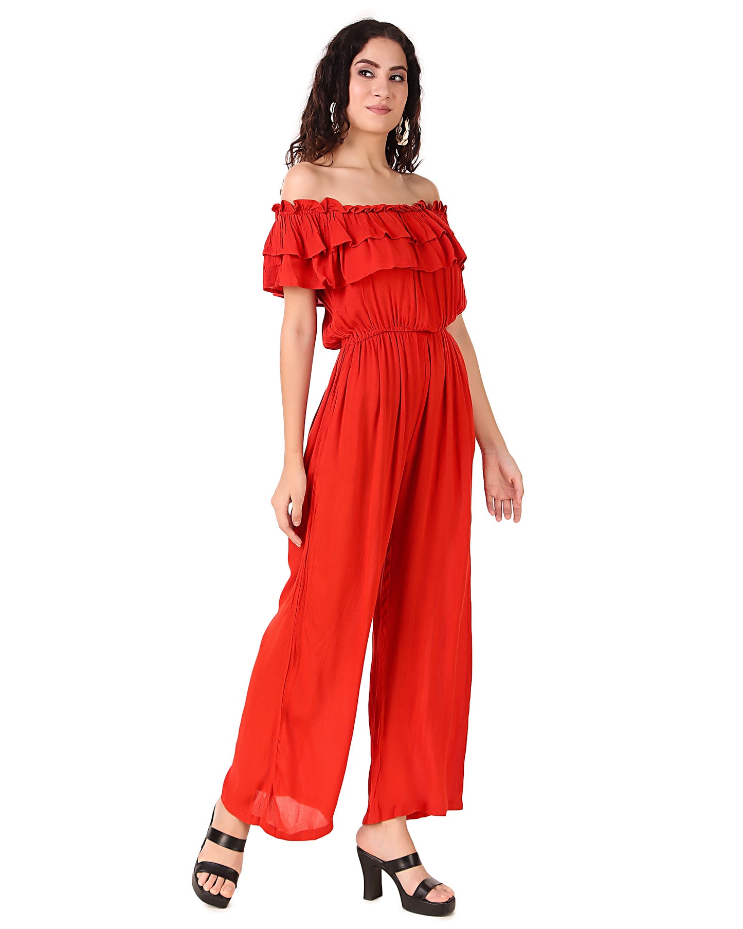BoheeWohee Women's Off-Shoulder Jumpsuit with Double Frills and Pockets- Red