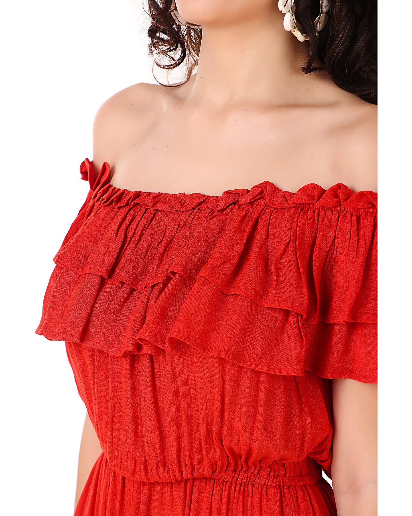 BoheeWohee Women's Off-Shoulder Jumpsuit with Double Frills and Pockets- Red