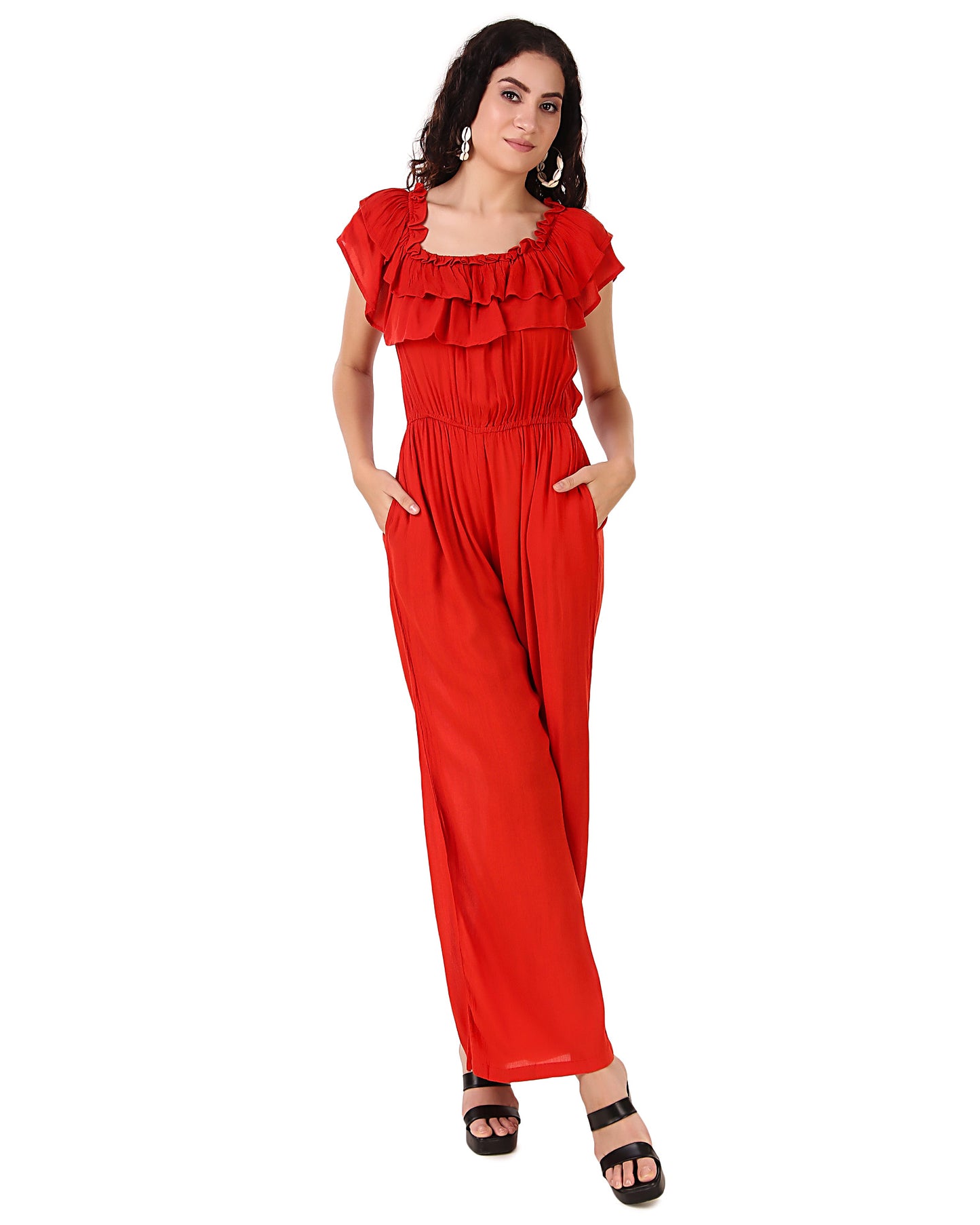 BoheeWohee Women's Off-Shoulder Jumpsuit with Double Frills and Pockets- Red