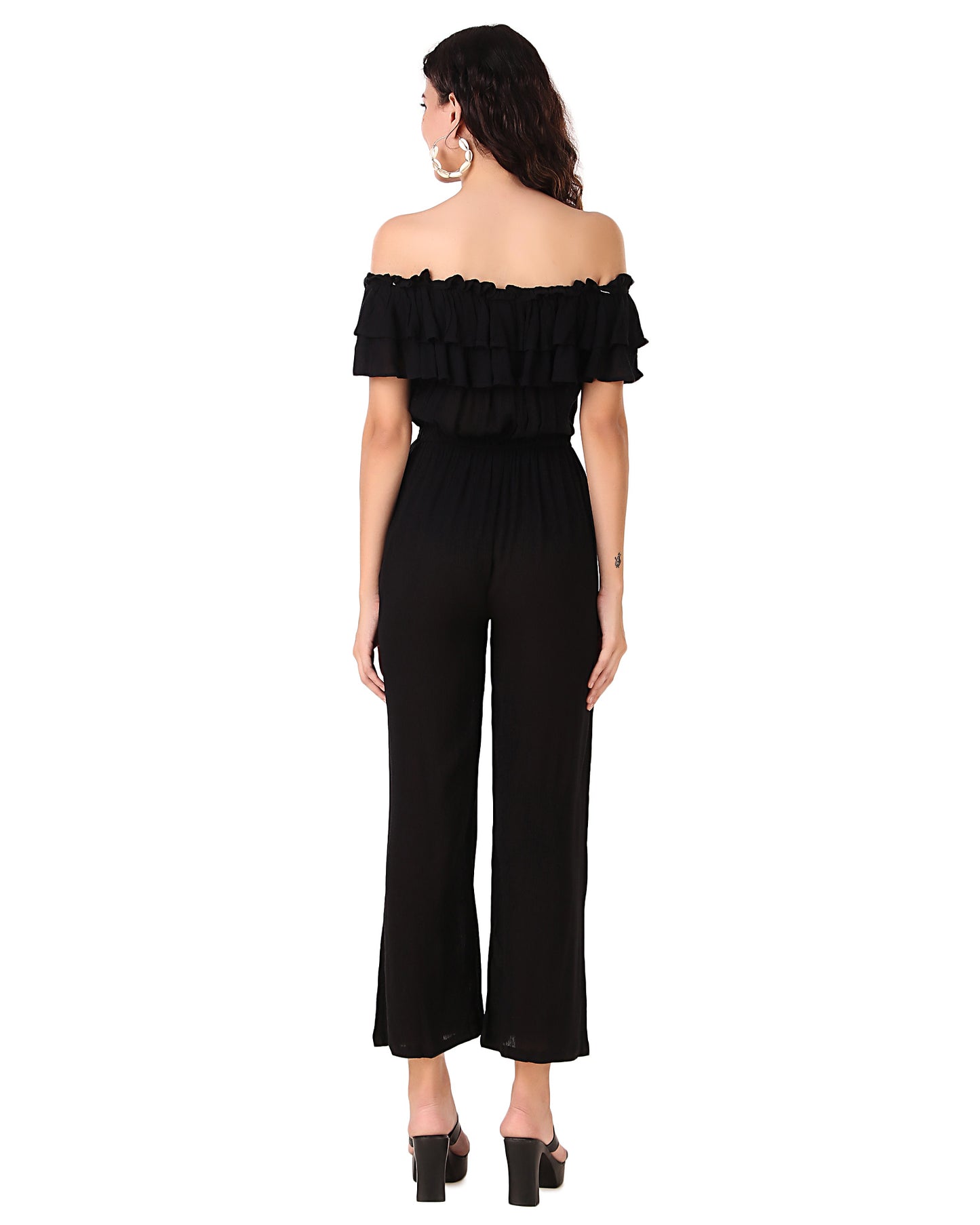BoheeWohee Women's Off-Shoulder Jumpsuit with Double Frills and Pockets-Black