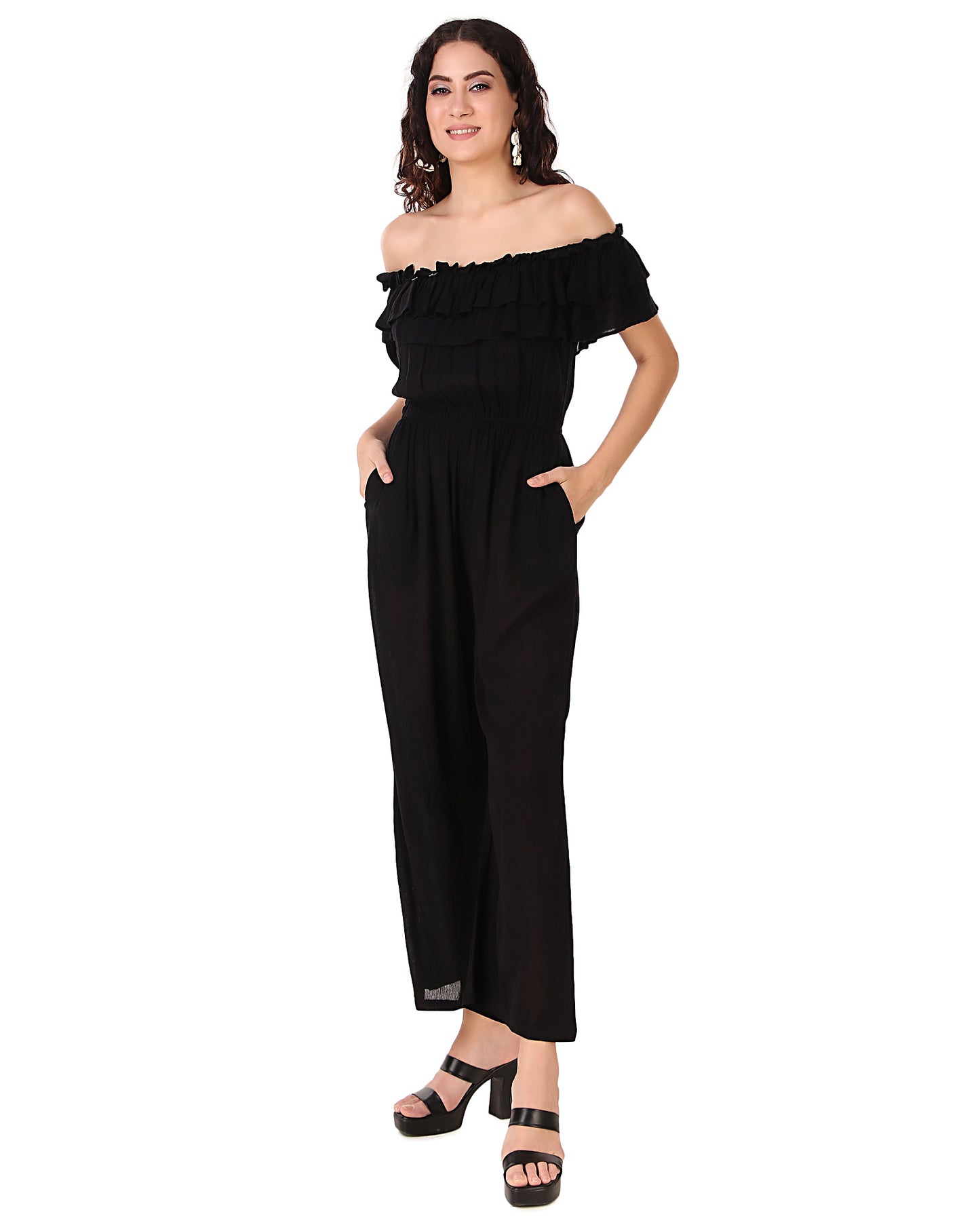 BoheeWohee Women's Off-Shoulder Jumpsuit with Double Frills and Pockets-Black