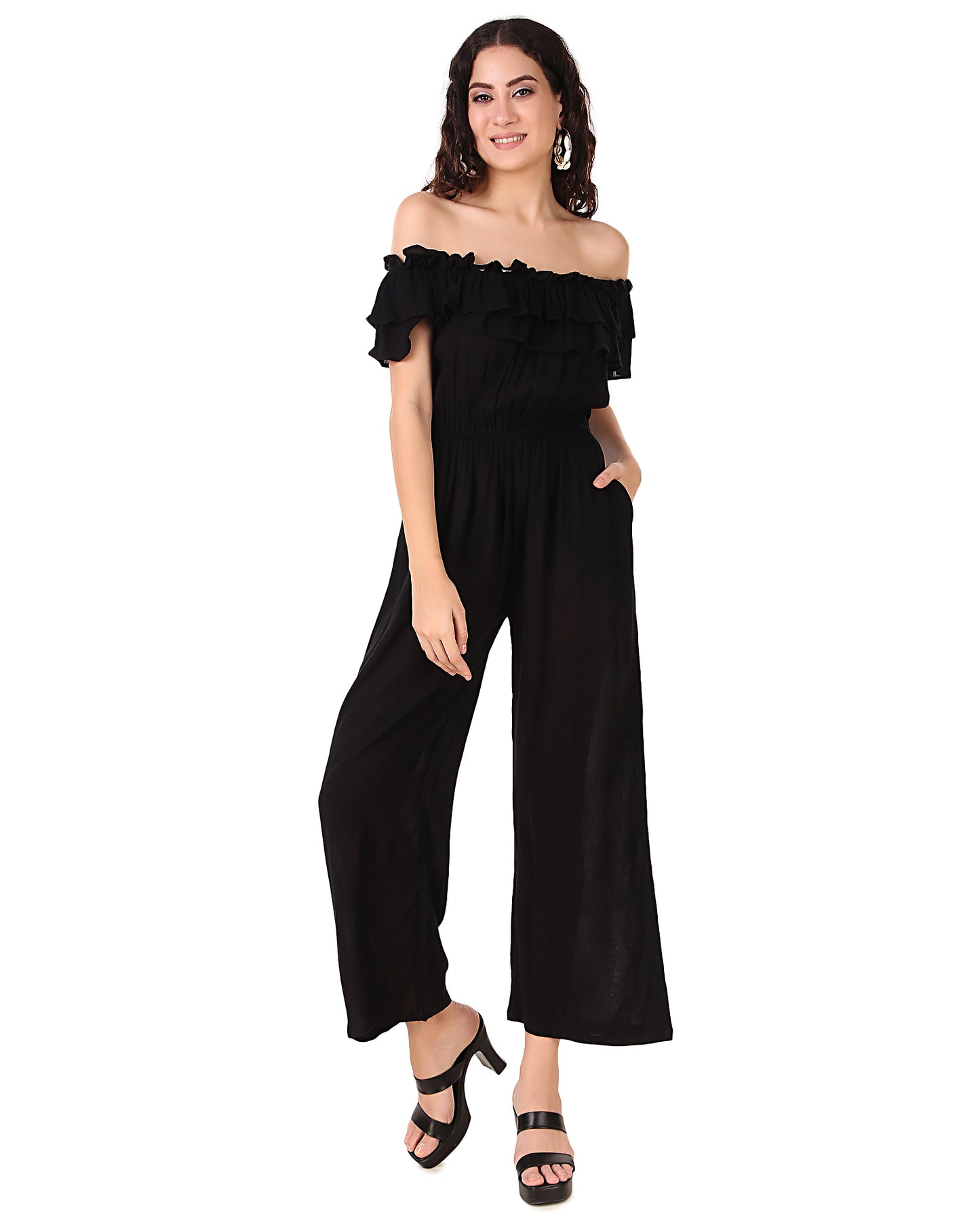 BoheeWohee Women's Off-Shoulder Jumpsuit with Double Frills and Pockets-Black