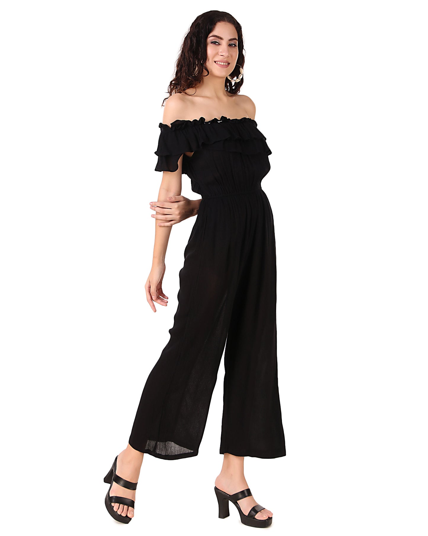 BoheeWohee Women's Off-Shoulder Jumpsuit with Double Frills and Pockets-Black