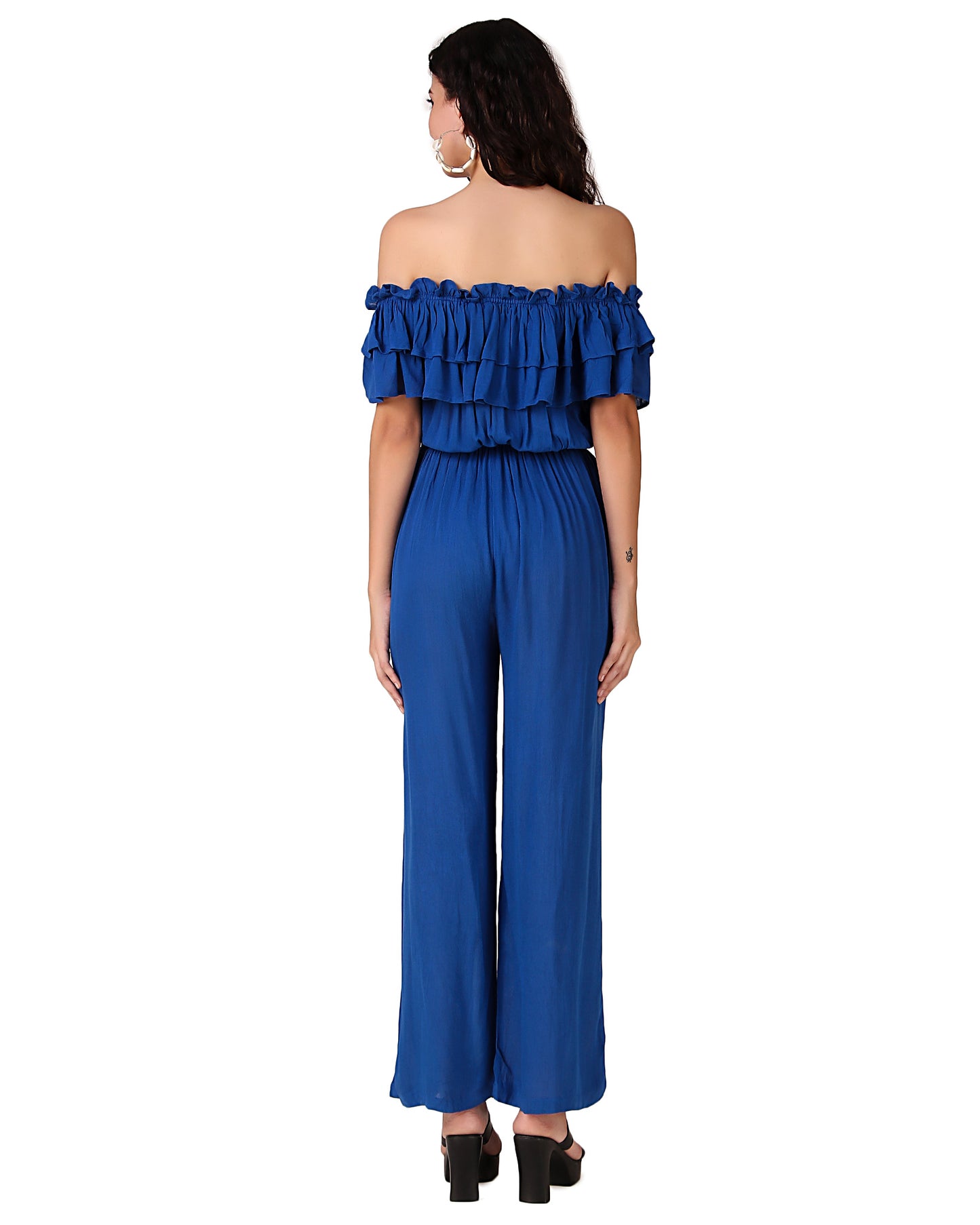 BoheeWohee Women's Off-Shoulder Jumpsuit with Double Frills and Pockets-Blue