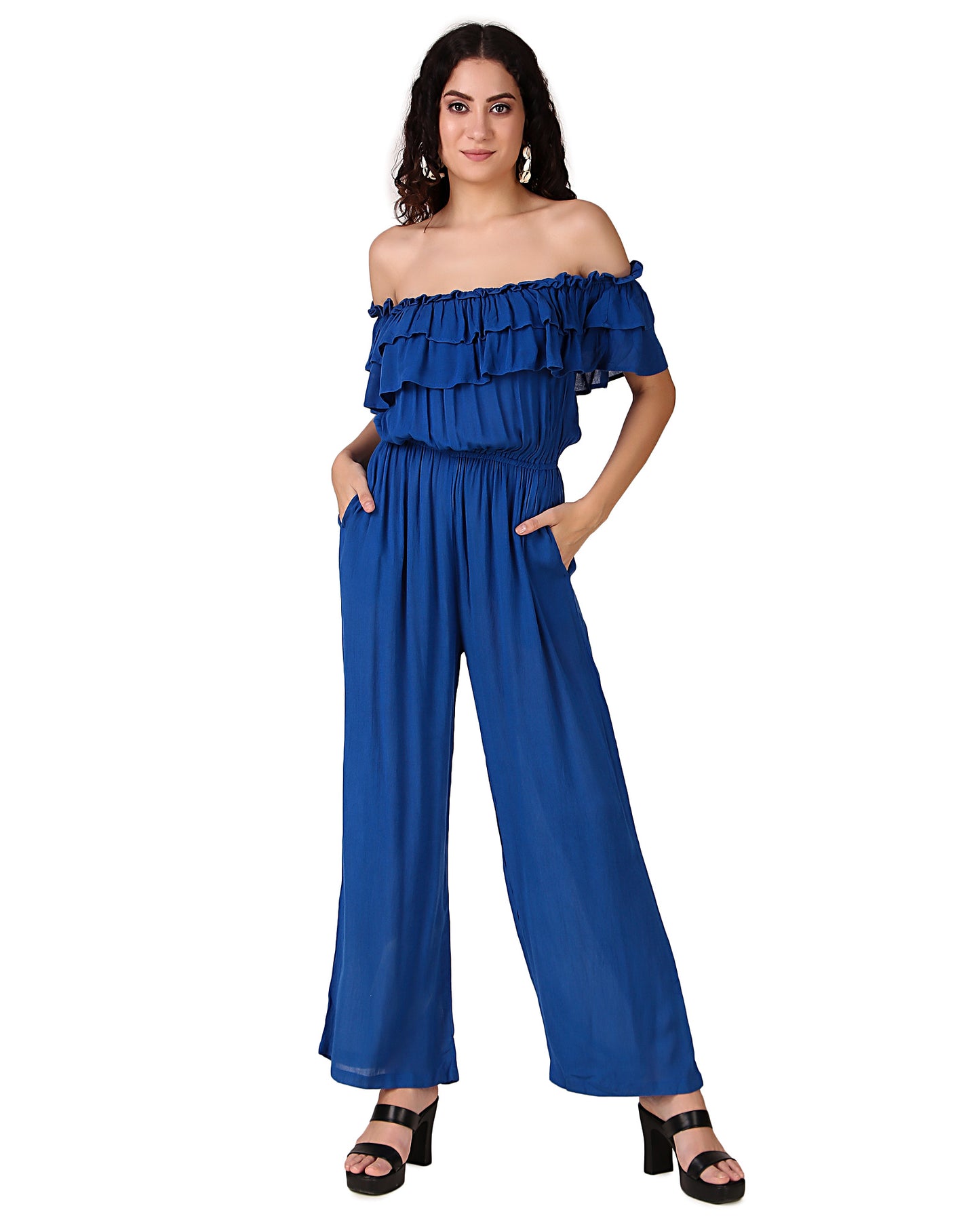 BoheeWohee Women's Off-Shoulder Jumpsuit with Double Frills and Pockets-Blue