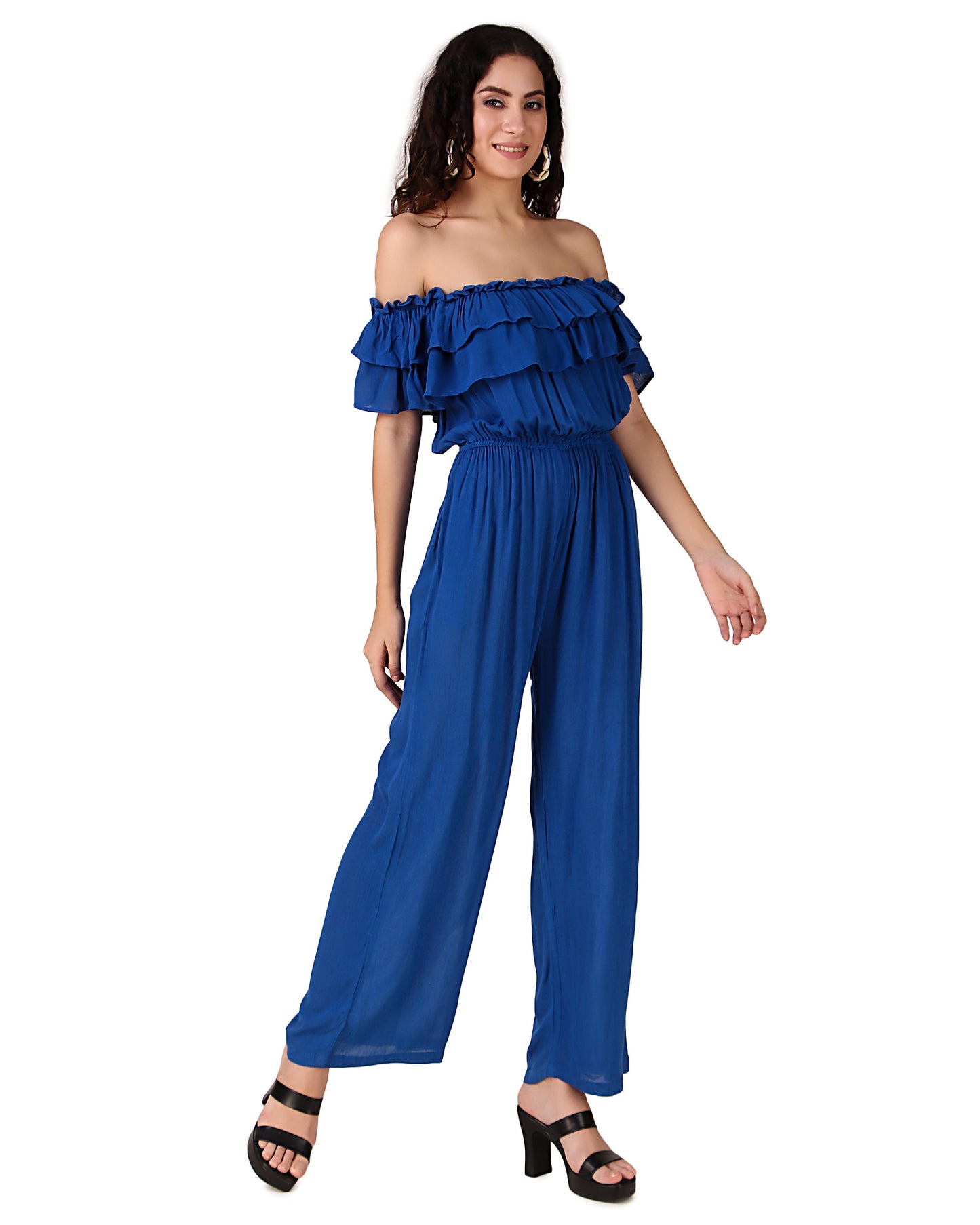 BoheeWohee Women's Off-Shoulder Jumpsuit with Double Frills and Pockets-Blue