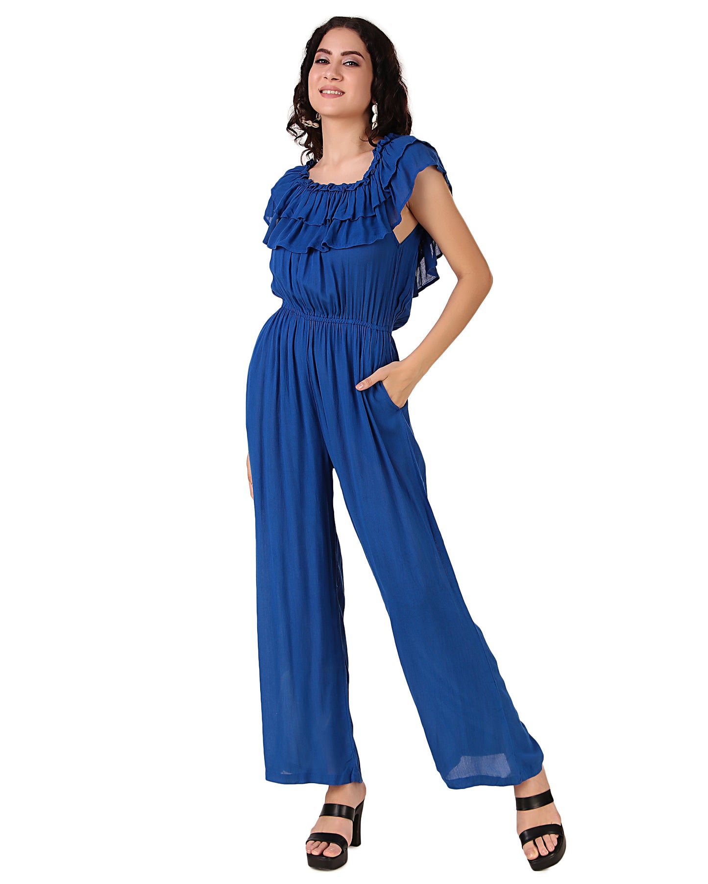 BoheeWohee Women's Off-Shoulder Jumpsuit with Double Frills and Pockets-Blue