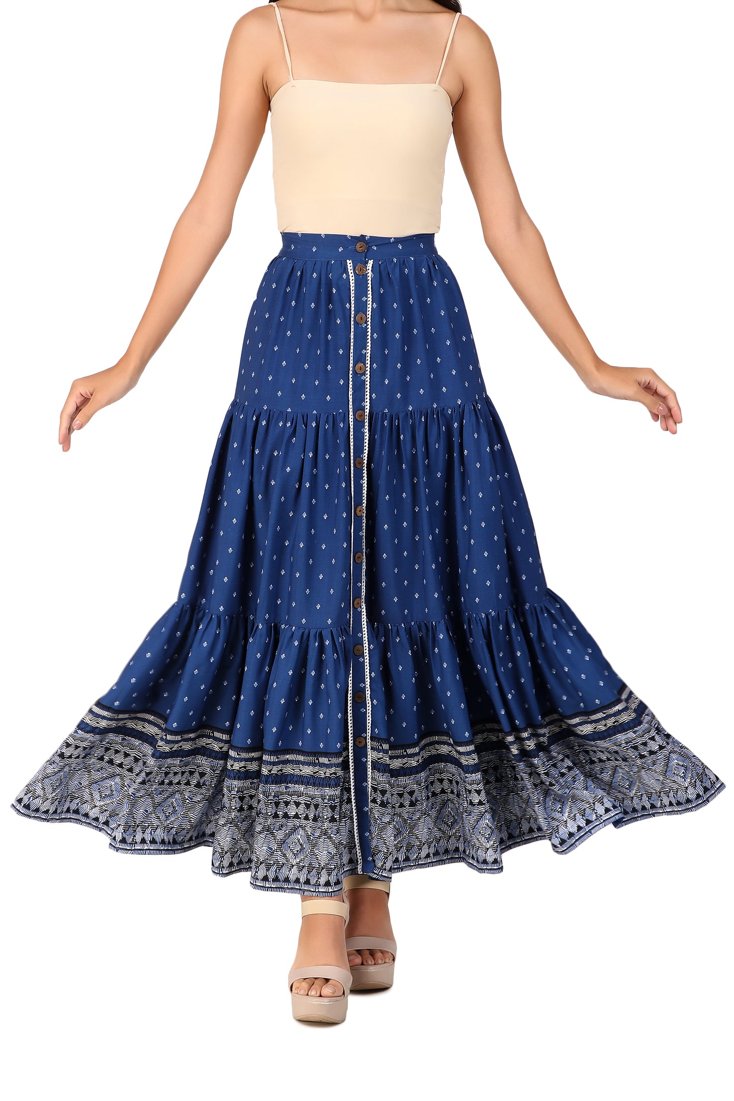 BoheeWohee Boho Tiered Skirt in Soft Fabric with Front Button Opening Midnight Blue