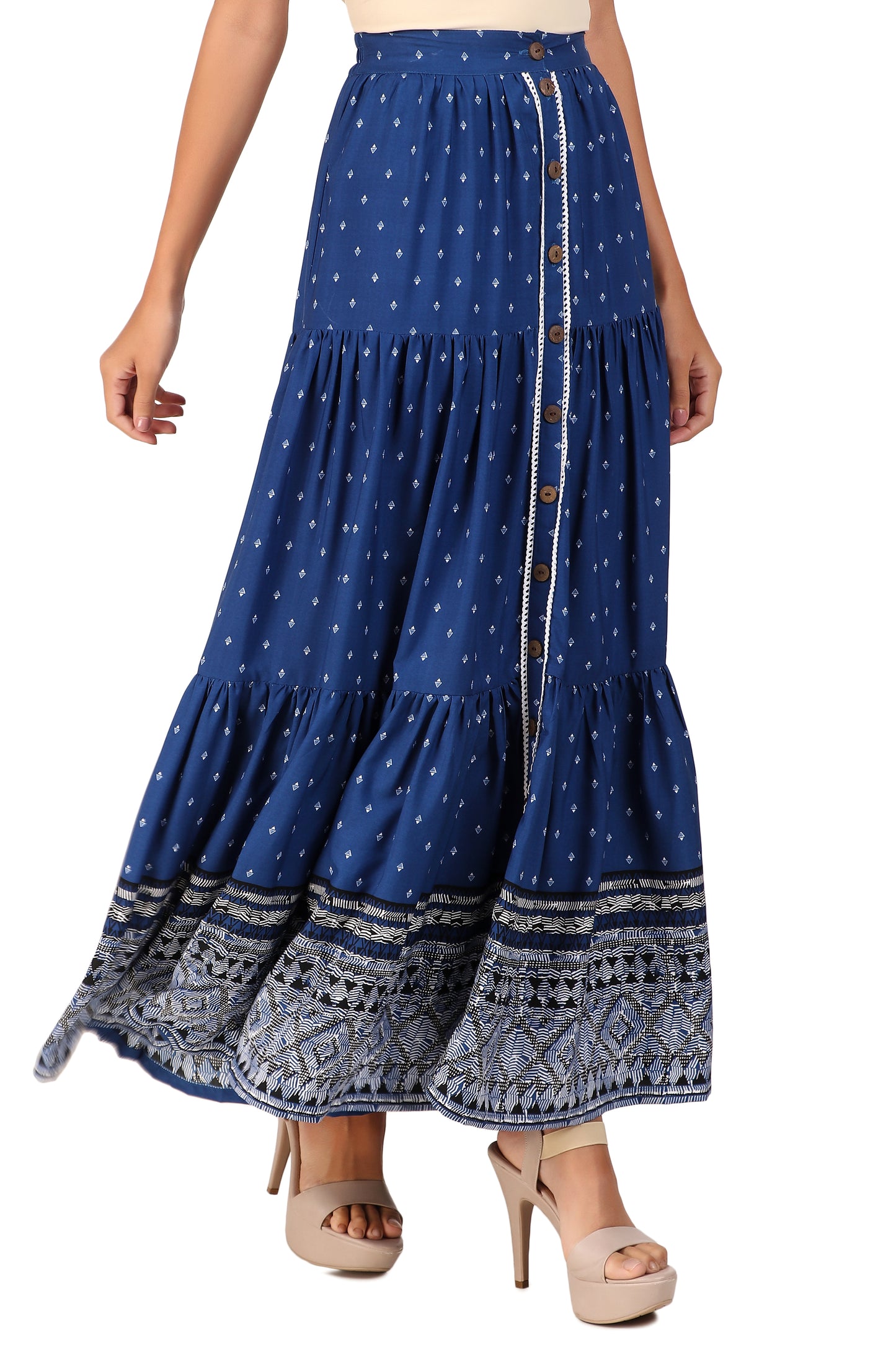 BoheeWohee Boho Tiered Skirt in Soft Fabric with Front Button Opening Midnight Blue