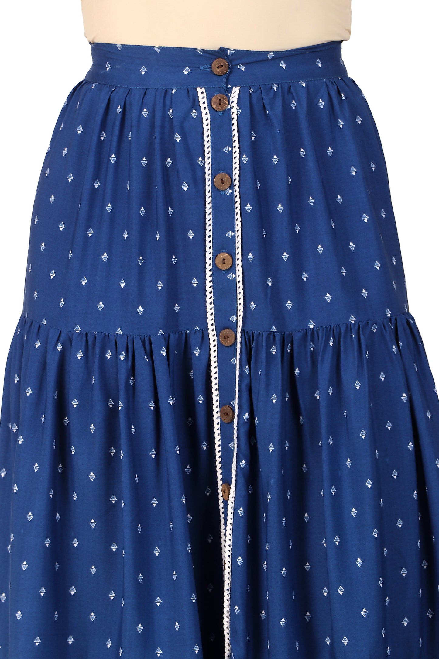 BoheeWohee Boho Tiered Skirt in Soft Fabric with Front Button Opening Midnight Blue