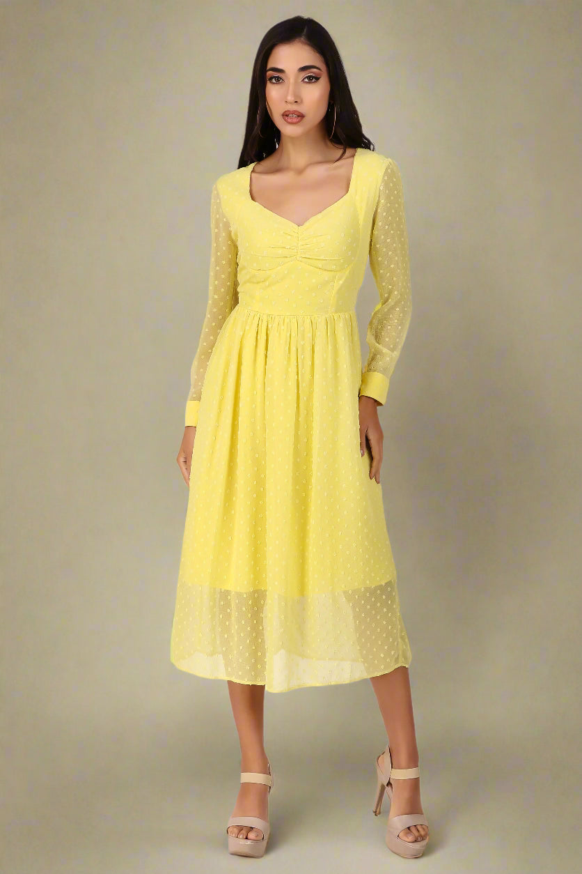 BoheeWohee Casual Dress in Chiffon with Sweetheart Neckline and Long Sleeves- Yellow