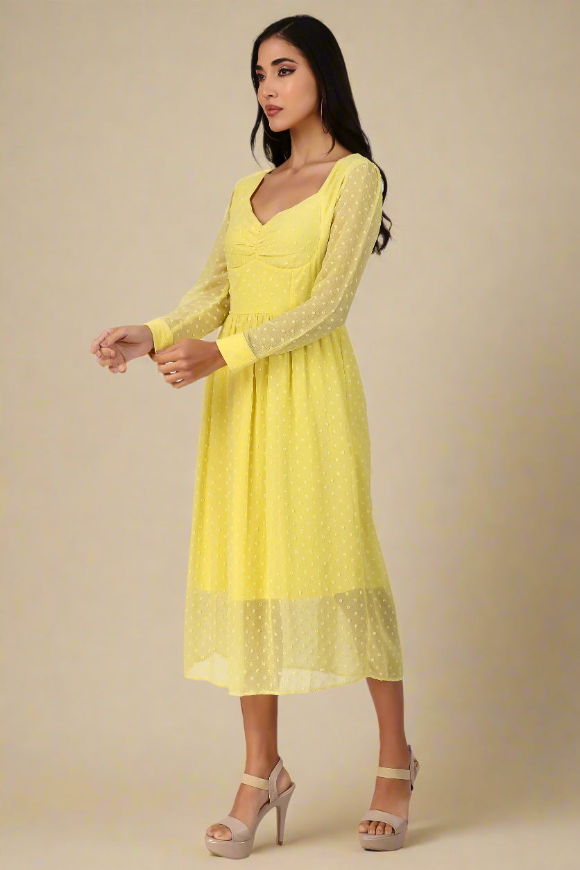 BoheeWohee Casual Dress in Chiffon with Sweetheart Neckline and Long Sleeves- Yellow