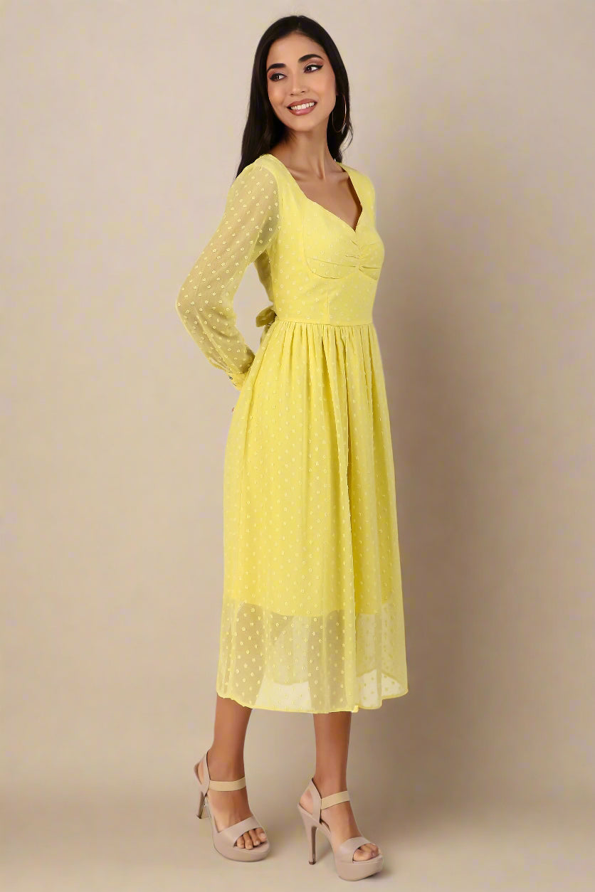 BoheeWohee Casual Dress in Chiffon with Sweetheart Neckline and Long Sleeves- Yellow