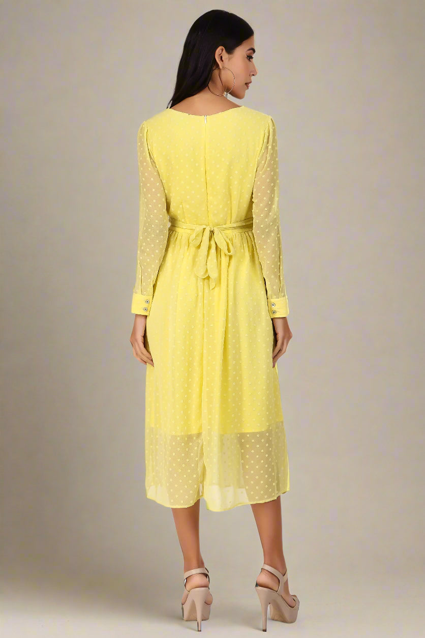 BoheeWohee Casual Dress in Chiffon with Sweetheart Neckline and Long Sleeves- Yellow