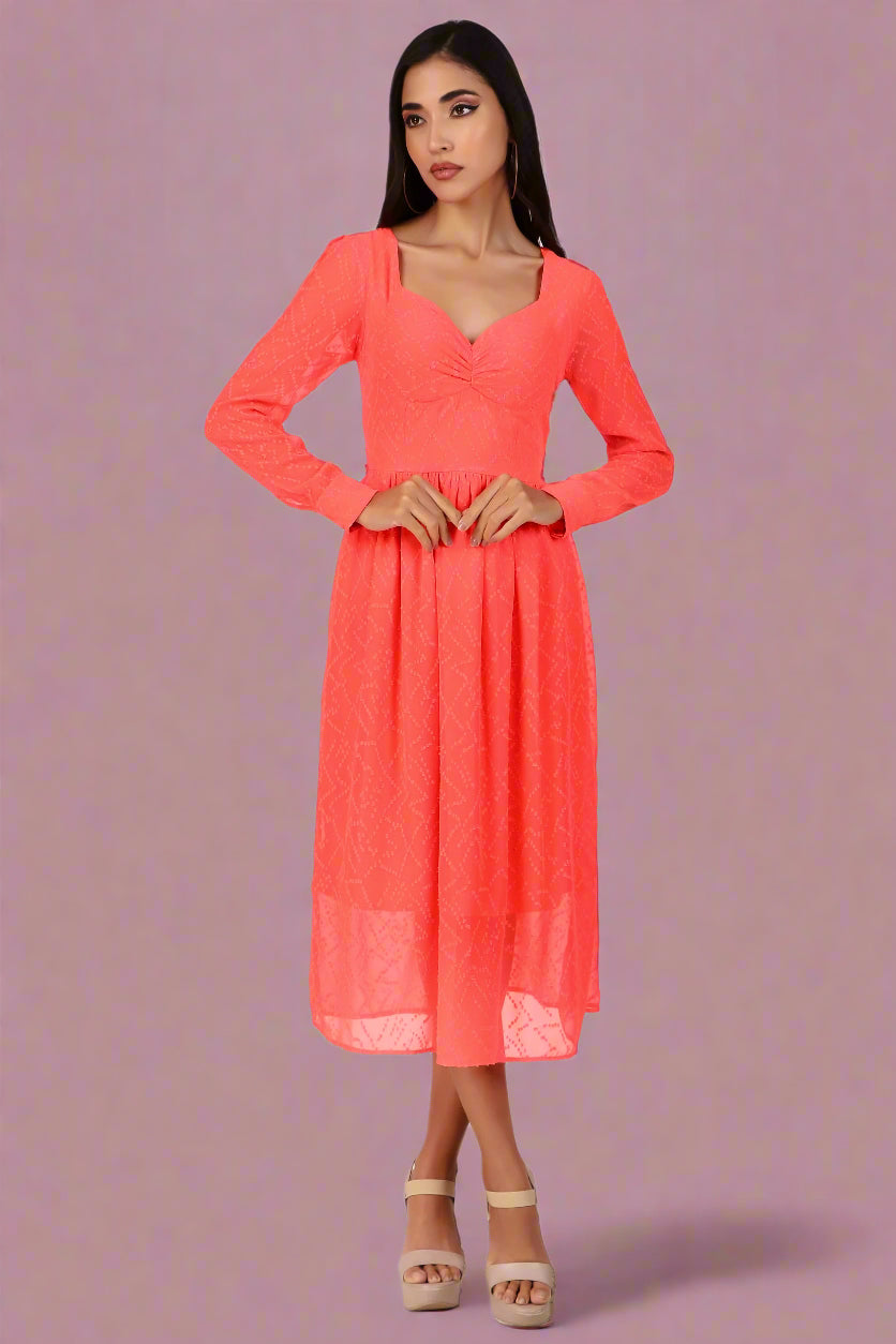 BoheeWohee Casual Dress in Chiffon with Sweetheart Neckline and Long Sleeves- Red