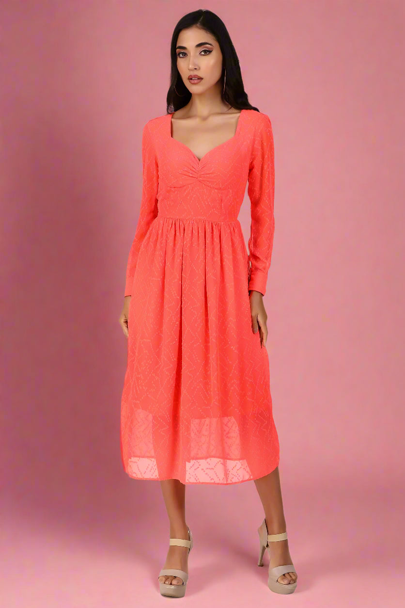 BoheeWohee Casual Dress in Chiffon with Sweetheart Neckline and Long Sleeves- Red