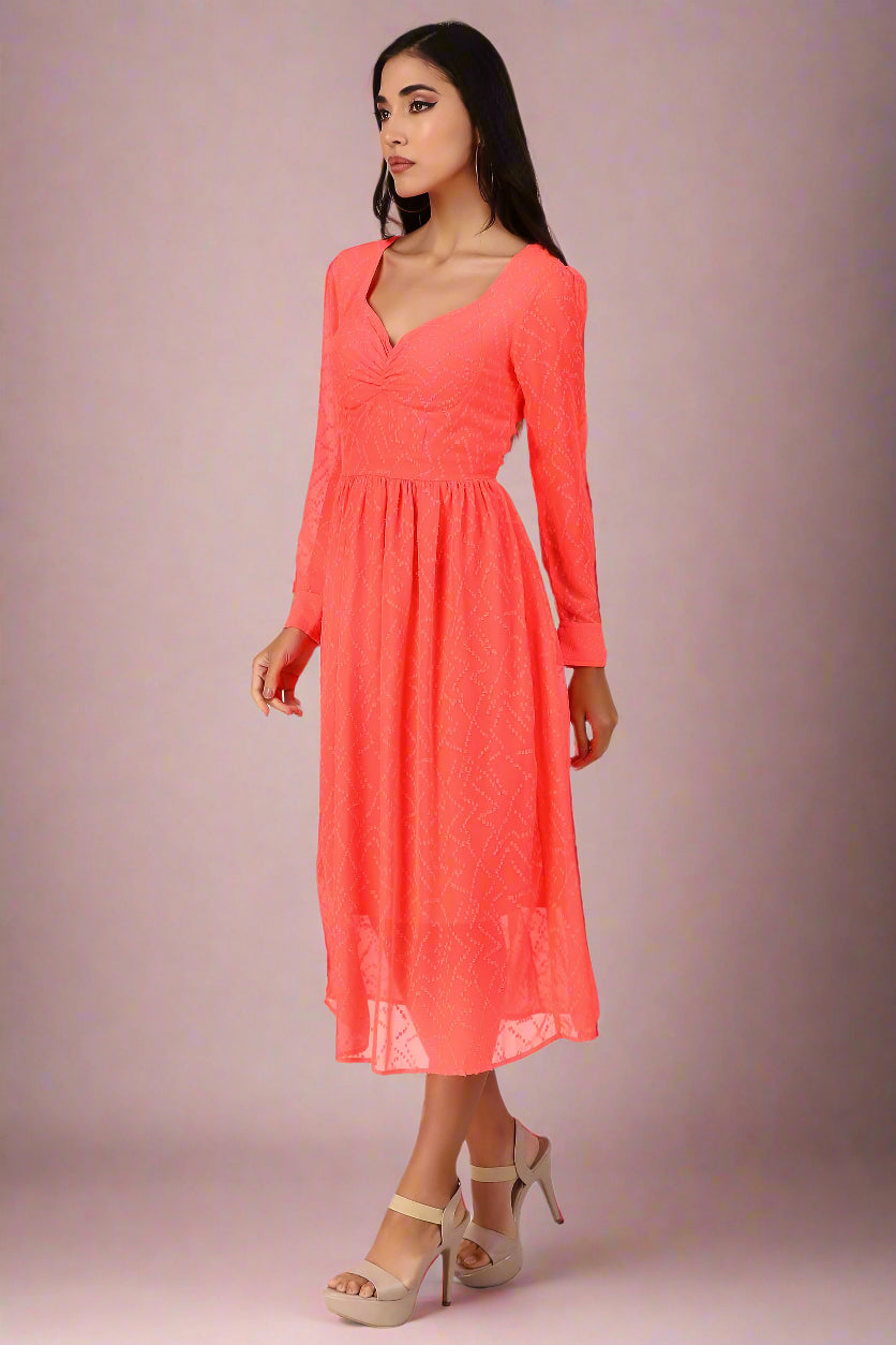 BoheeWohee Casual Dress in Chiffon with Sweetheart Neckline and Long Sleeves- Red