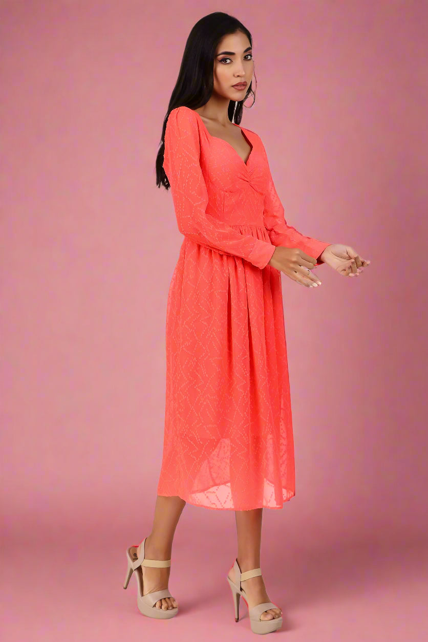 BoheeWohee Casual Dress in Chiffon with Sweetheart Neckline and Long Sleeves- Red