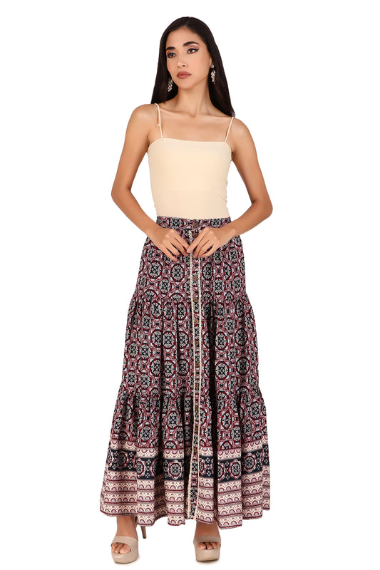 BoheeWohee Boho Tiered Skirt in Soft Fabric with Front Button Opening - Kaleidoscope
