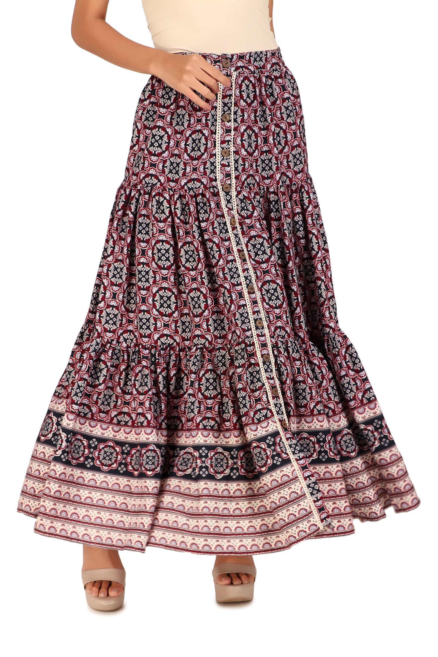 BoheeWohee Boho Tiered Skirt in Soft Fabric with Front Button Opening - Kaleidoscope