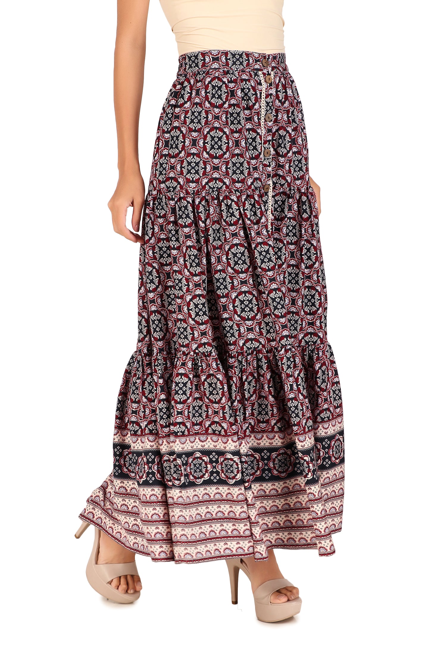 BoheeWohee Boho Tiered Skirt in Soft Fabric with Front Button Opening - Kaleidoscope