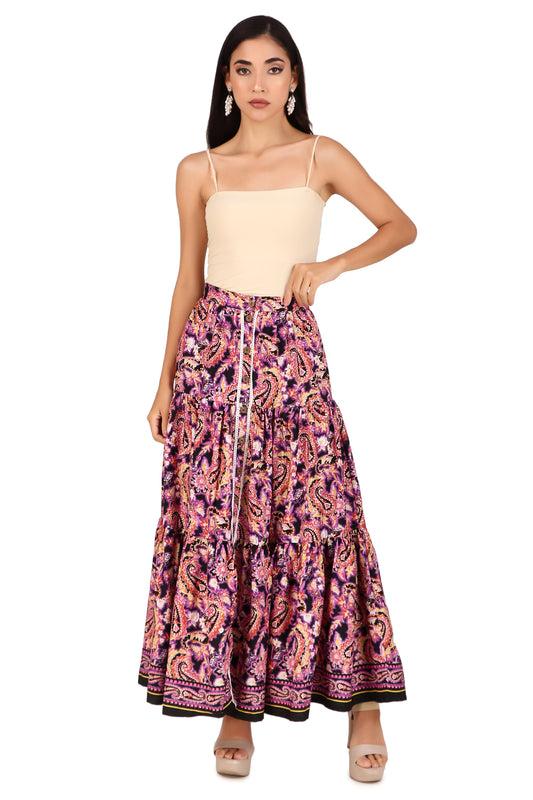 BoheeWohee Boho Tiered Skirt in Soft Fabric with Front Button Opening - Fiery Paisley