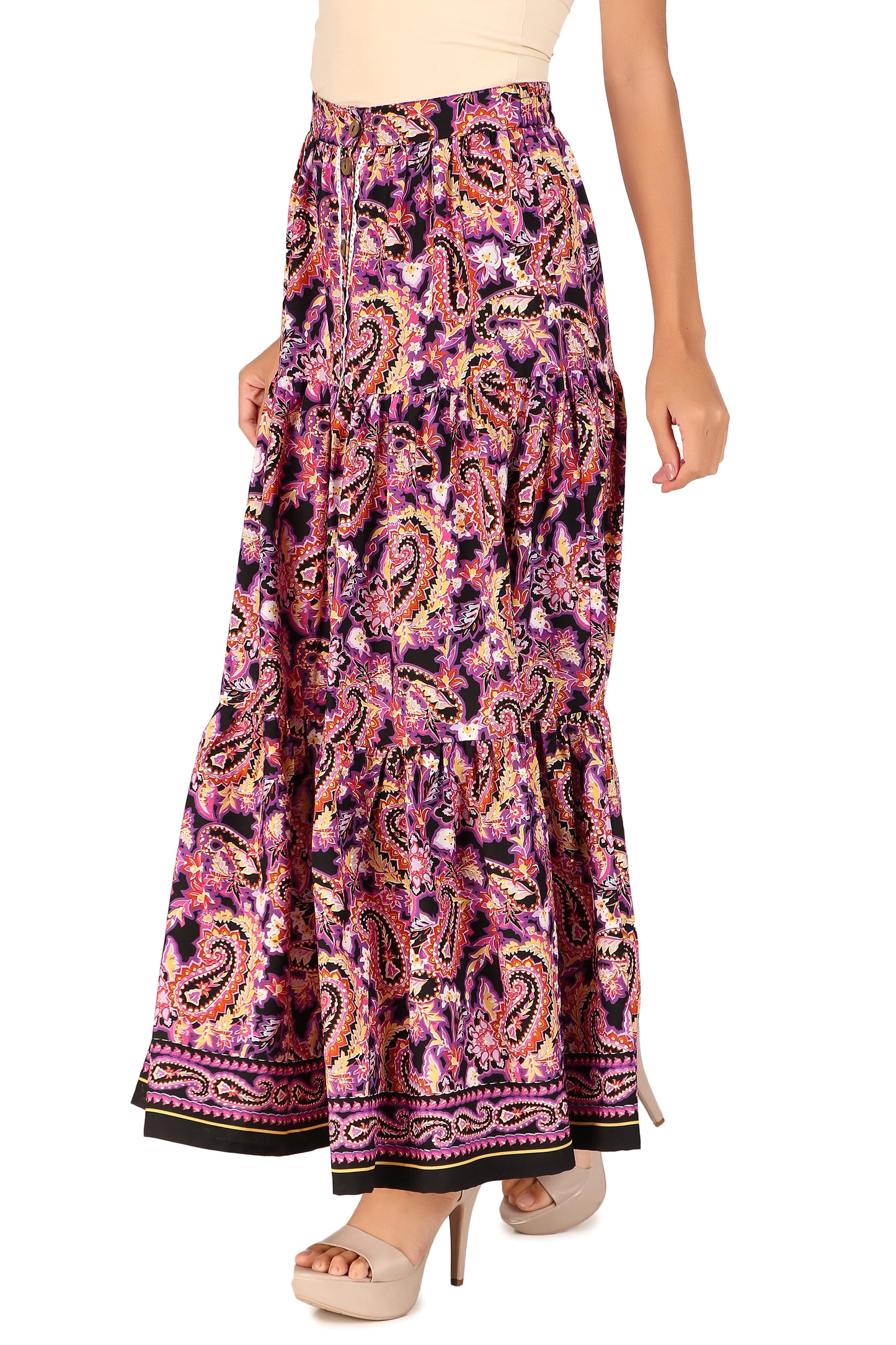 BoheeWohee Boho Tiered Skirt in Soft Fabric with Front Button Opening - Fiery Paisley