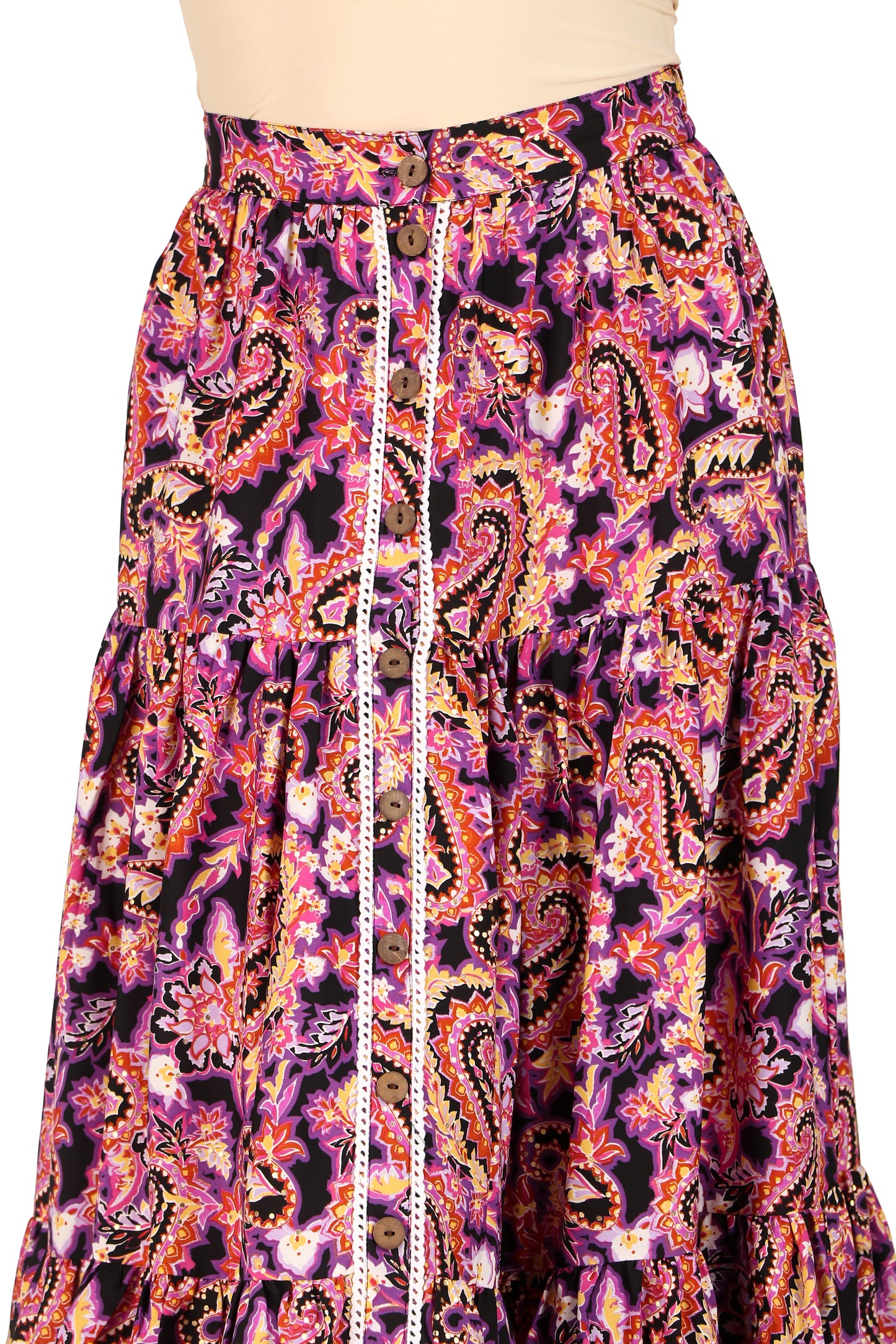 BoheeWohee Boho Tiered Skirt in Soft Fabric with Front Button Opening - Fiery Paisley