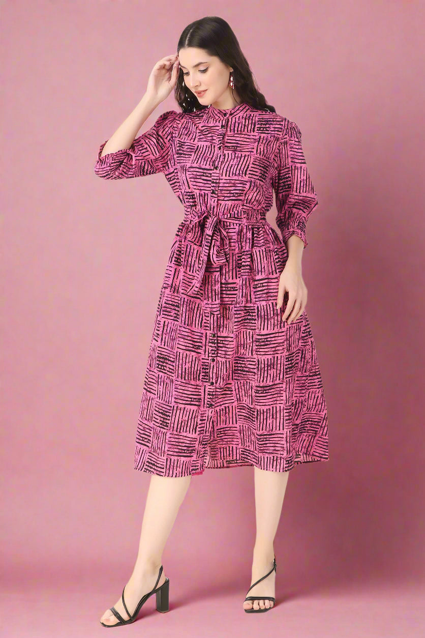 BoheeWohee Midi Dress with Elastic Waist & Front Tie Belt- Carnation Pink