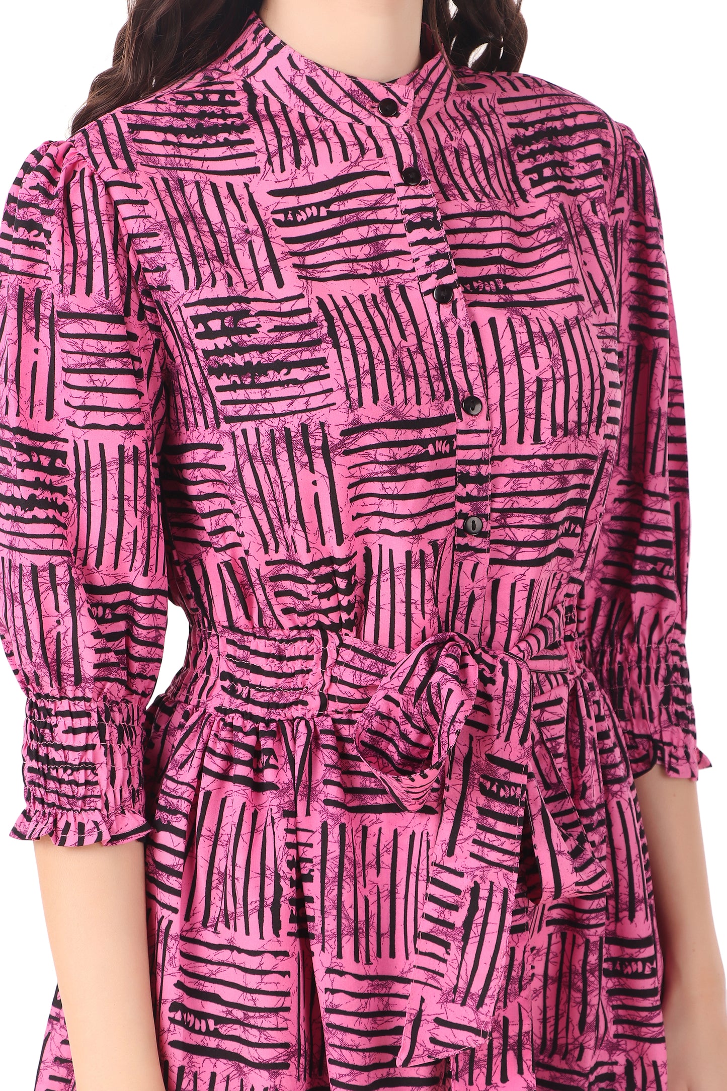 BoheeWohee Midi Dress with Elastic Waist & Front Tie Belt- Carnation Pink