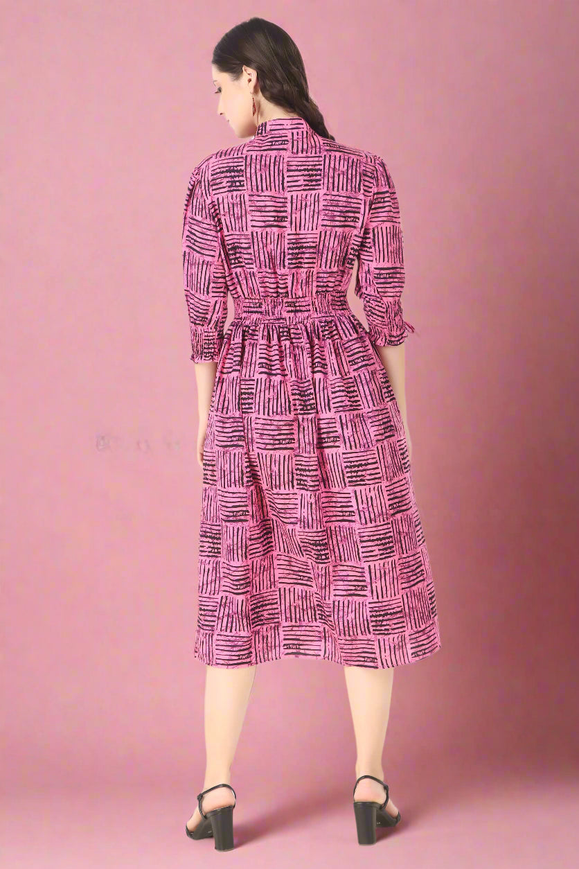 BoheeWohee Midi Dress with Elastic Waist & Front Tie Belt- Carnation Pink