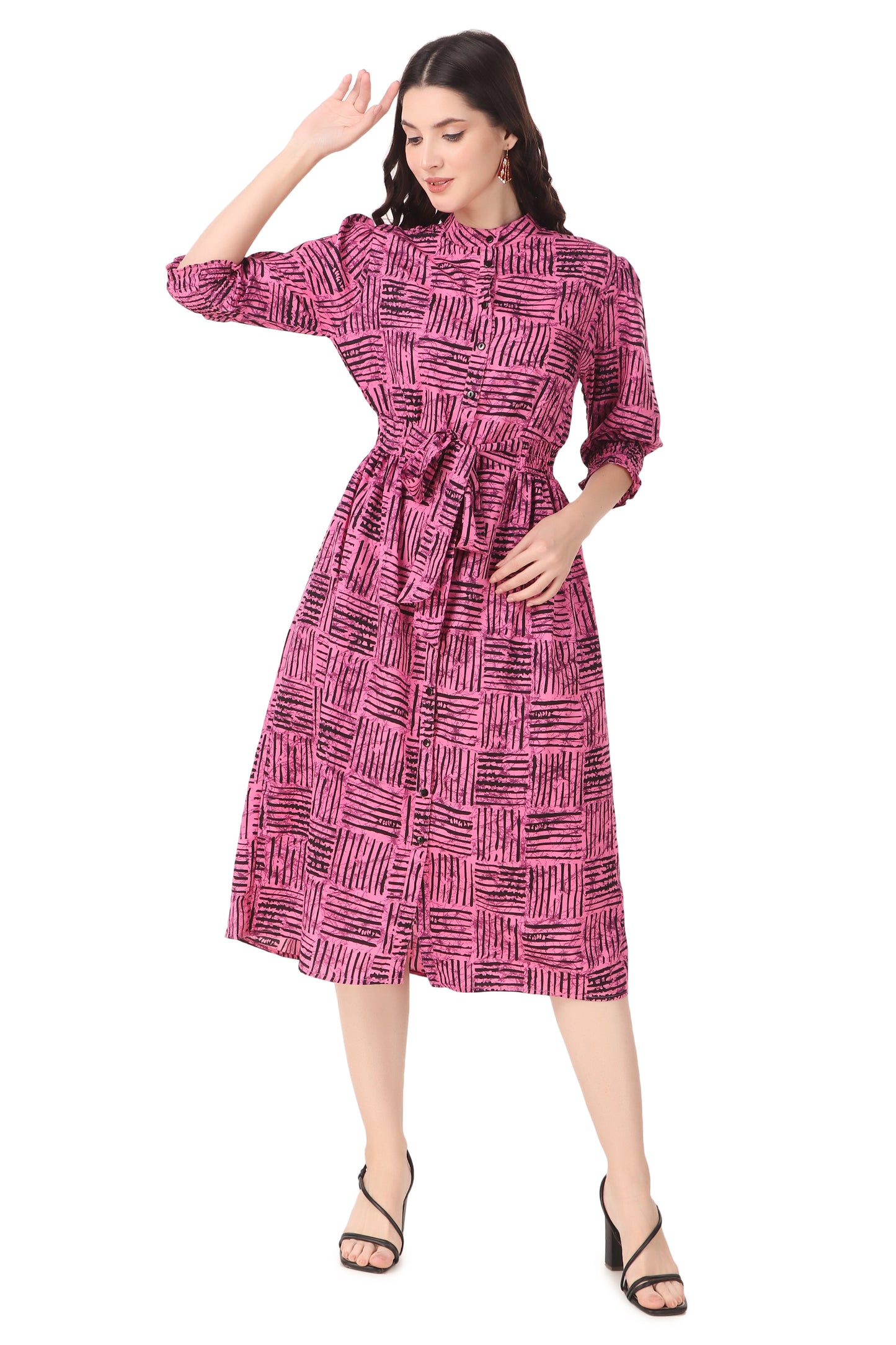 BoheeWohee Midi Dress with Elastic Waist & Front Tie Belt- Carnation Pink