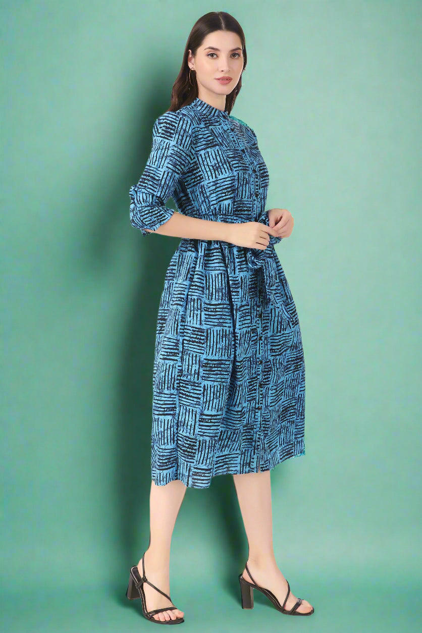 BoheeWohee Midi Dress with Elastic Waist & Front Tie Belt- Danube Blue