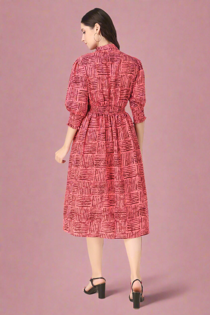 BoheeWohee Midi Dress with Elastic Waist & Front Tie Belt- Mona Lisa Red