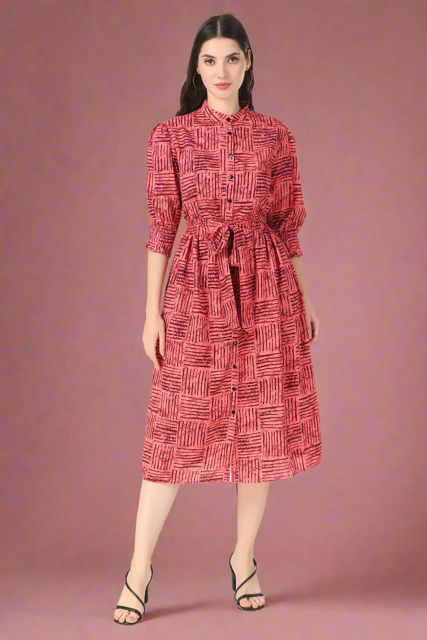 BoheeWohee Midi Dress with Elastic Waist & Front Tie Belt- Mona Lisa Red