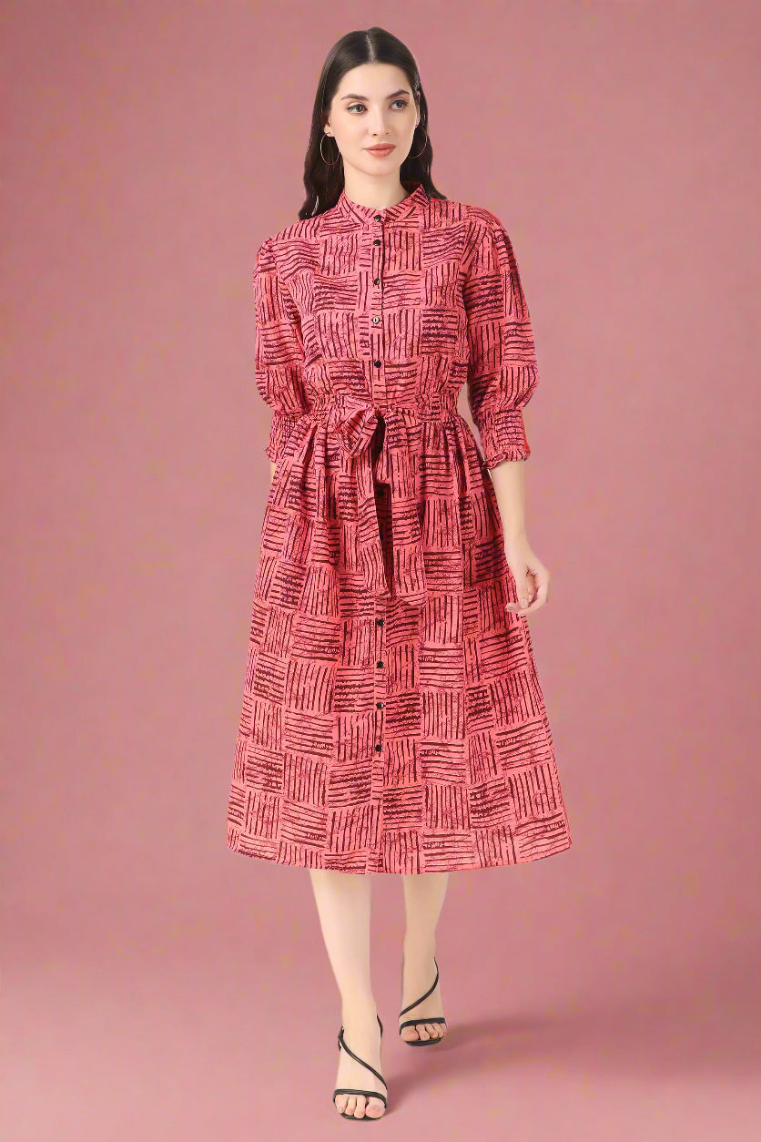 BoheeWohee Midi Dress with Elastic Waist & Front Tie Belt- Mona Lisa Red
