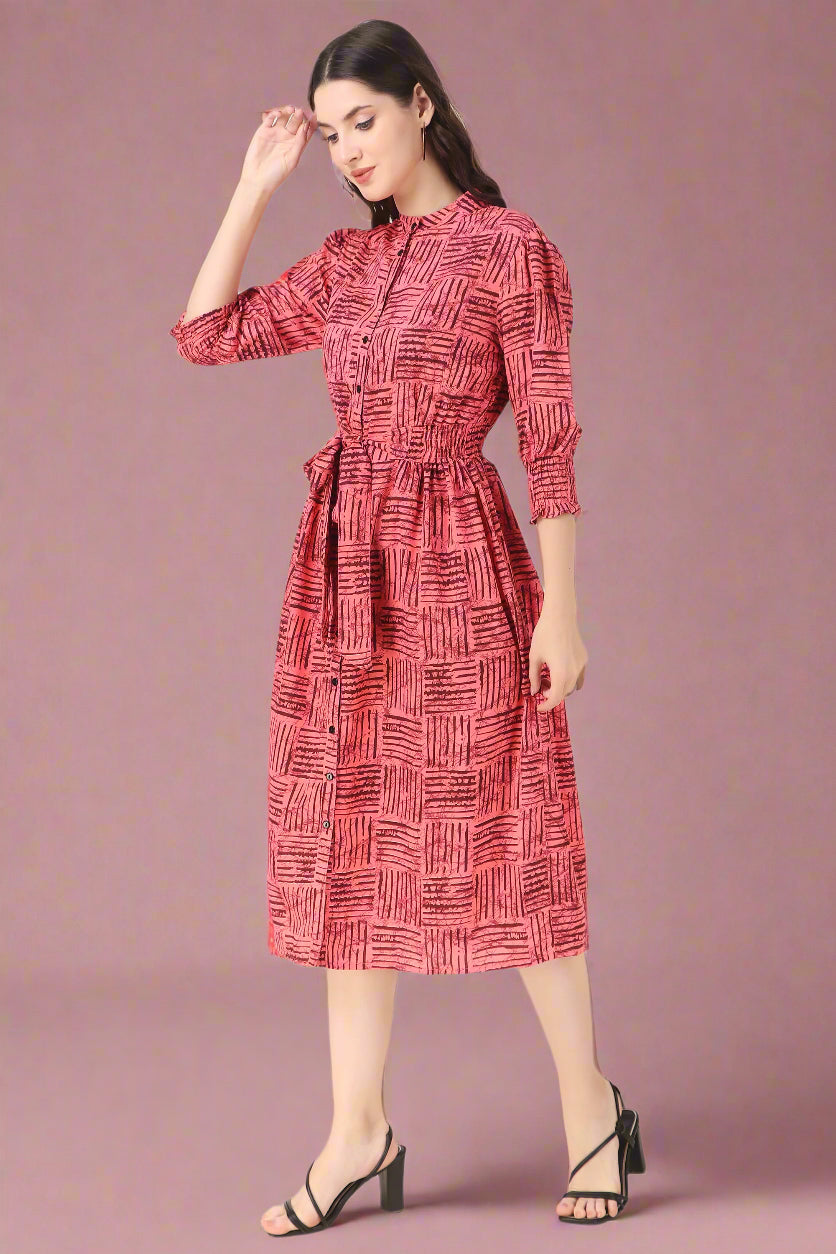 BoheeWohee Midi Dress with Elastic Waist & Front Tie Belt- Mona Lisa Red