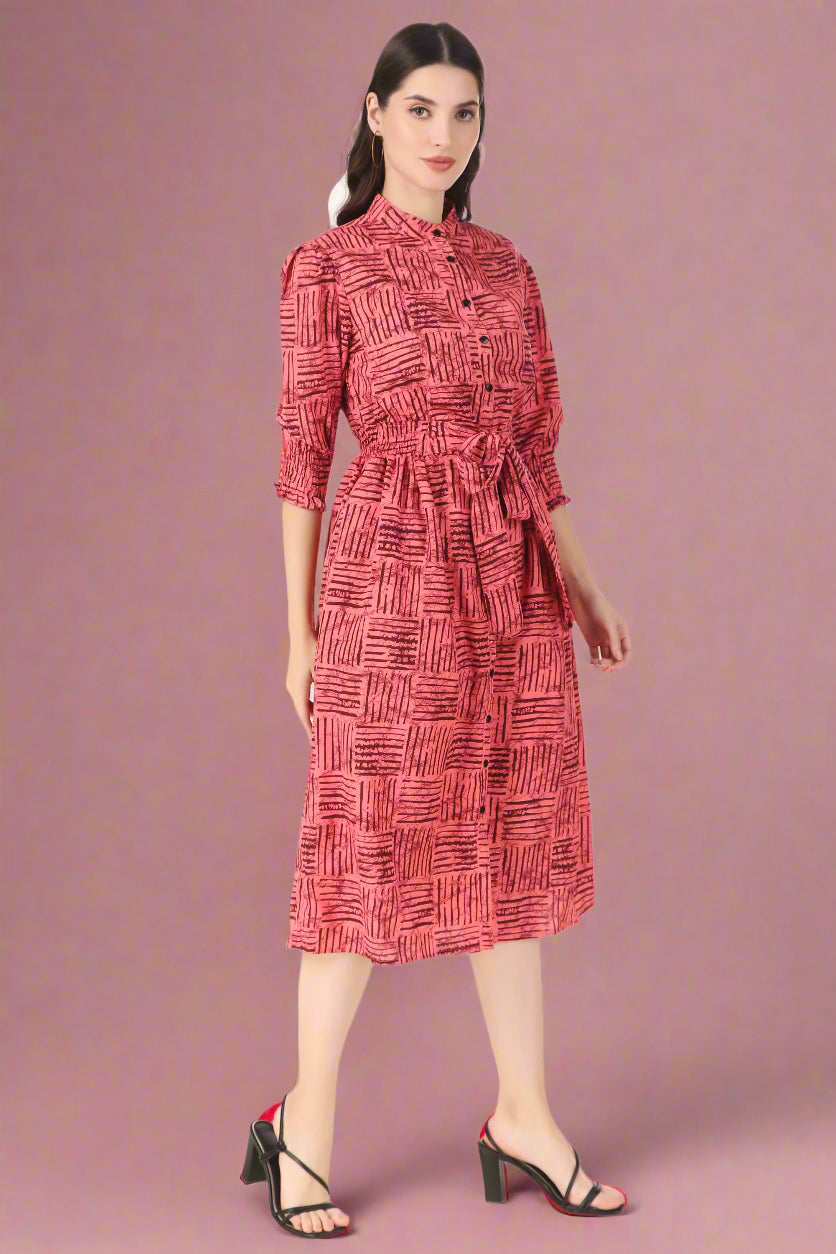 BoheeWohee Midi Dress with Elastic Waist & Front Tie Belt- Mona Lisa Red