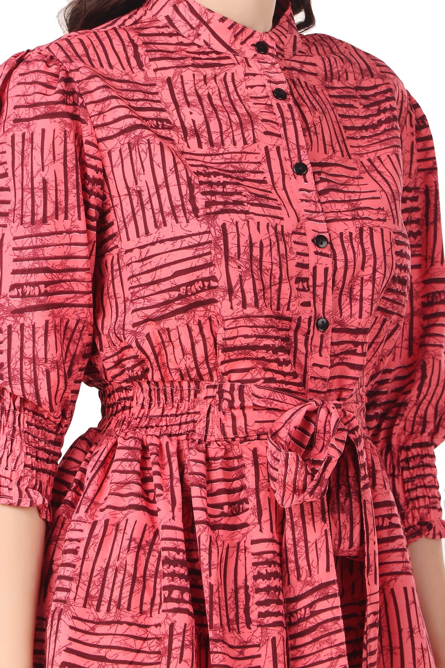 BoheeWohee Midi Dress with Elastic Waist & Front Tie Belt- Mona Lisa Red