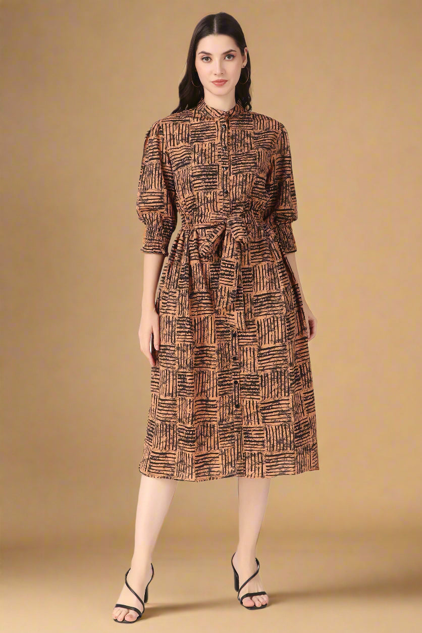 BoheeWohee Midi Dress with Elastic Waist & Front Tie Belt- Wood Brown