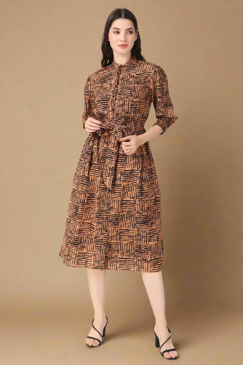 BoheeWohee Midi Dress with Elastic Waist & Front Tie Belt- Wood Brown
