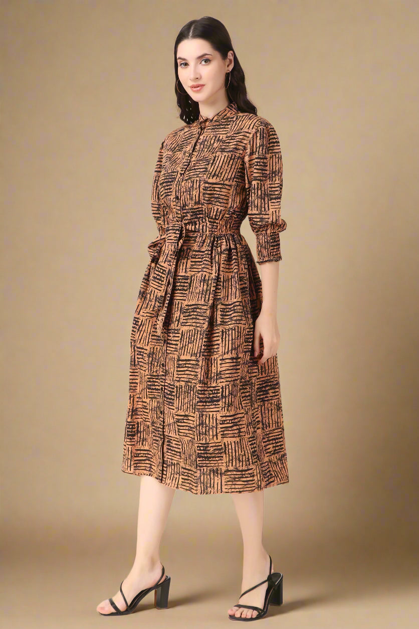 BoheeWohee Midi Dress with Elastic Waist & Front Tie Belt- Wood Brown