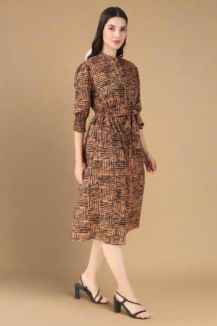 BoheeWohee Midi Dress with Elastic Waist & Front Tie Belt- Wood Brown