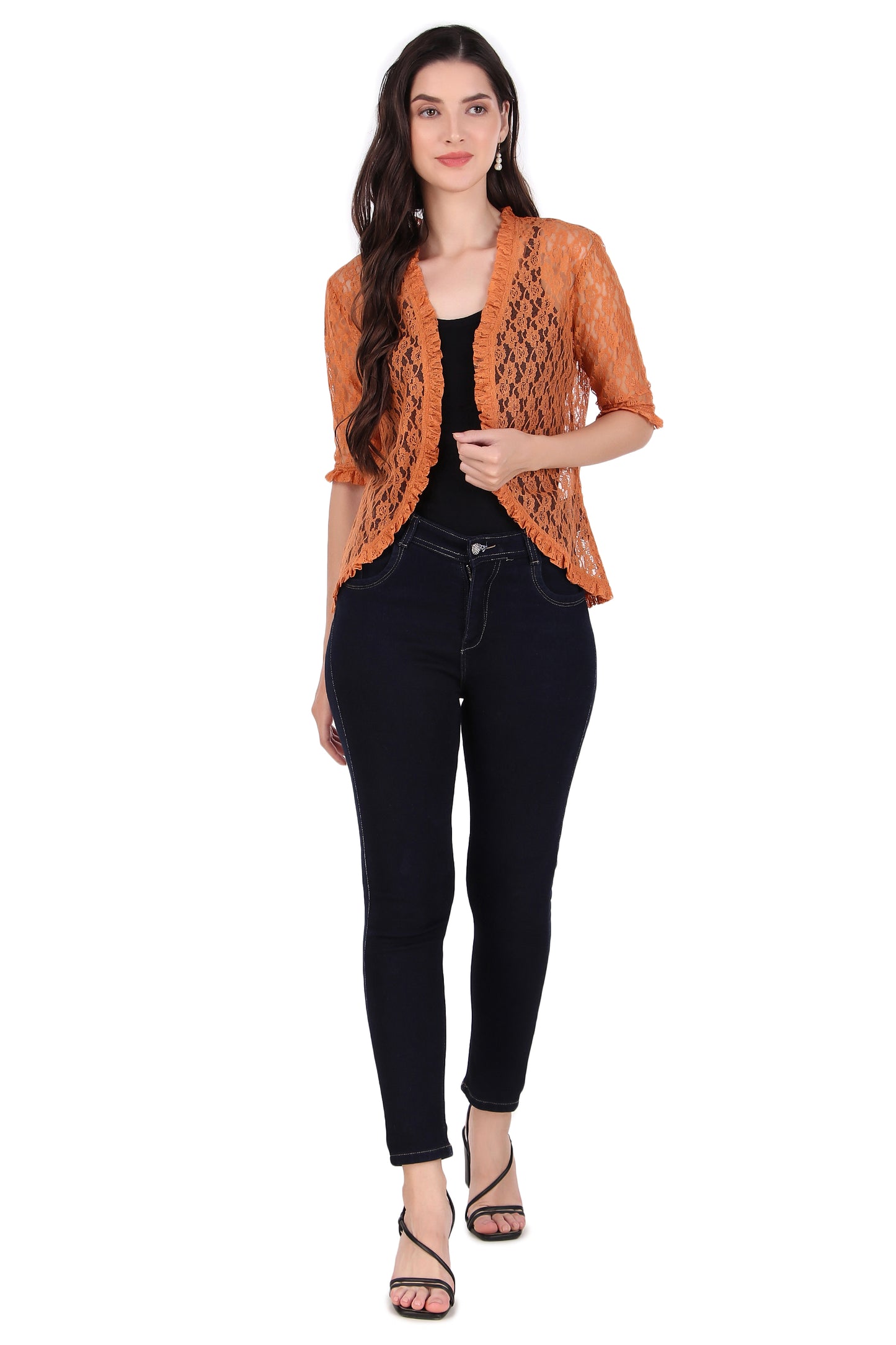 BoheeWohee Women's Floral Lace Shrug with Frill Accents - Orange